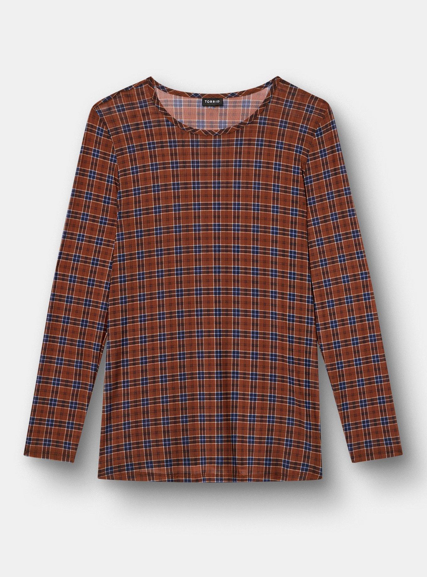 Mesh Crew Long Sleeve Top, STORY PLAID BROWN, hi-res