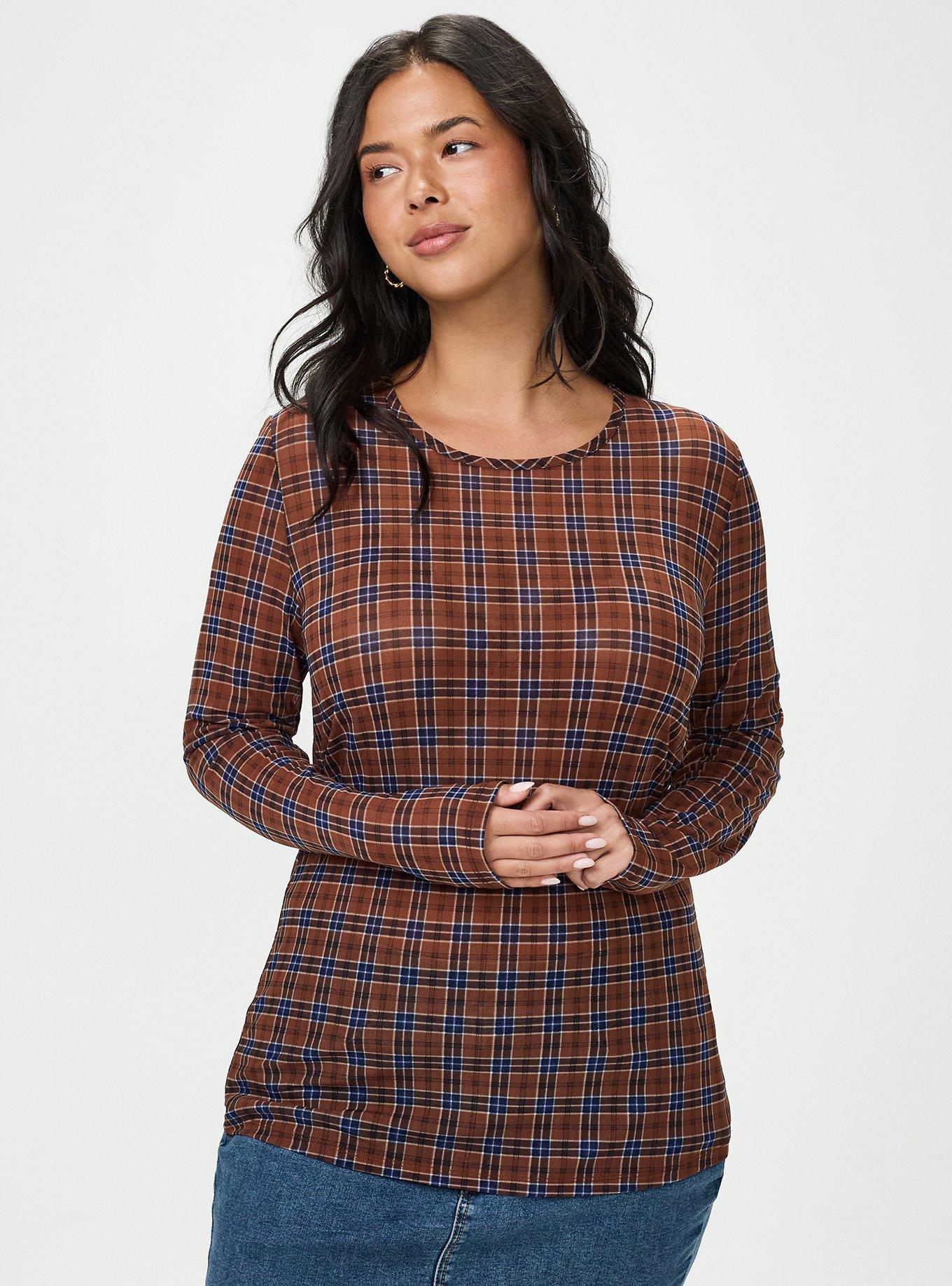 Mesh Crew Long Sleeve Top, STORY PLAID BROWN, hi-res