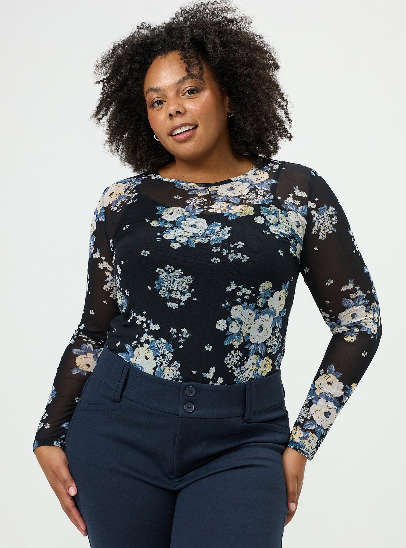 Mesh Crew Long Sleeve Top, MARCIE ROSE FLORAL BLACK, alternate