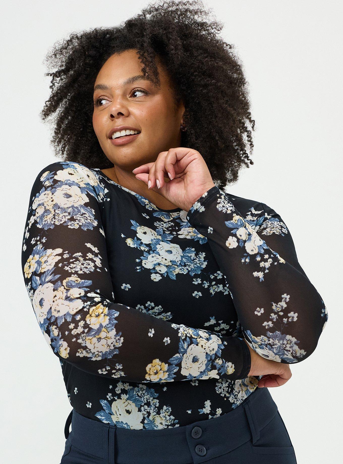 Mesh Crew Long Sleeve Top, MARCIE ROSE FLORAL BLACK, alternate