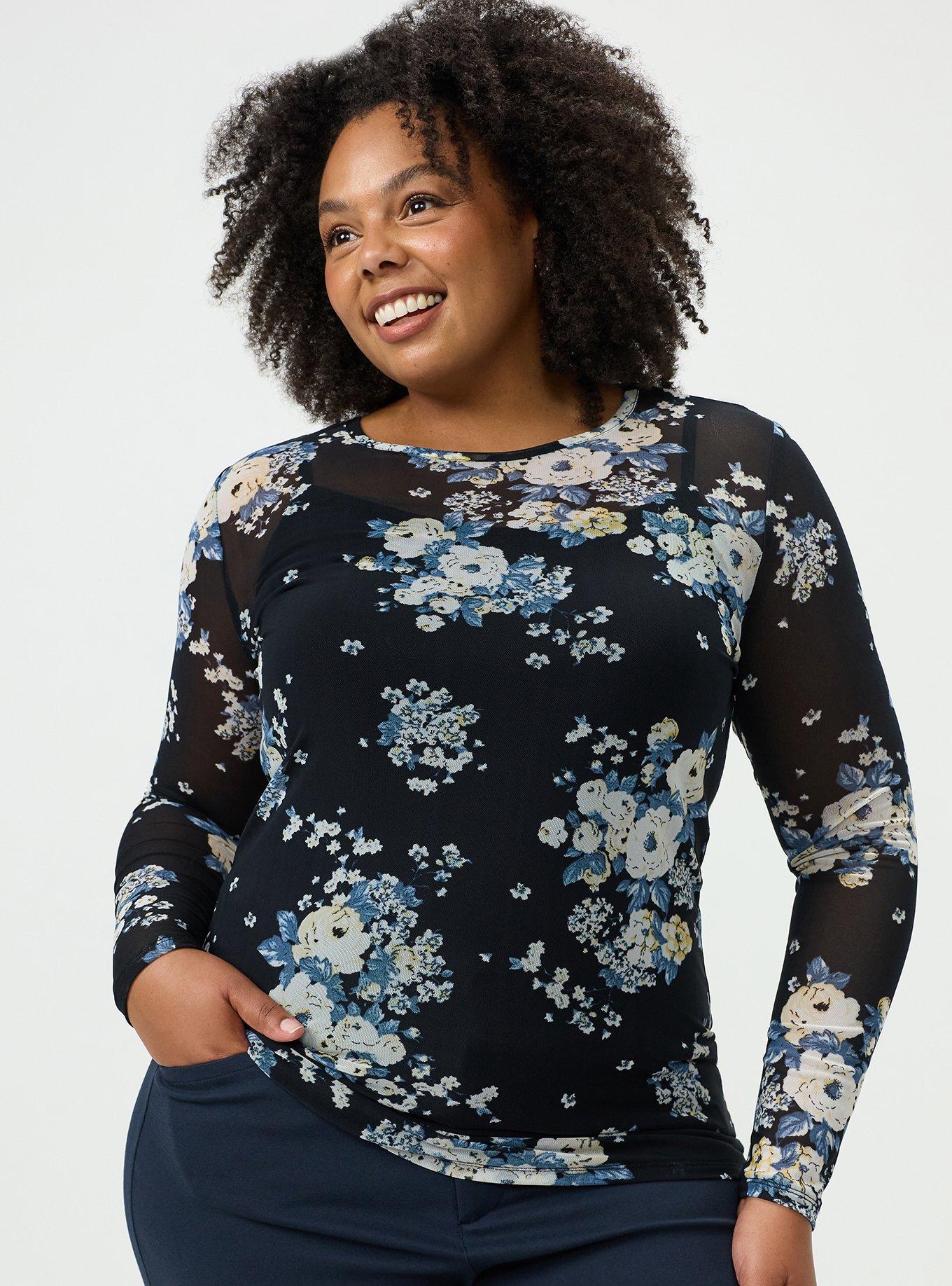 Mesh Crew Long Sleeve Top, MARCIE ROSE FLORAL BLACK, hi-res