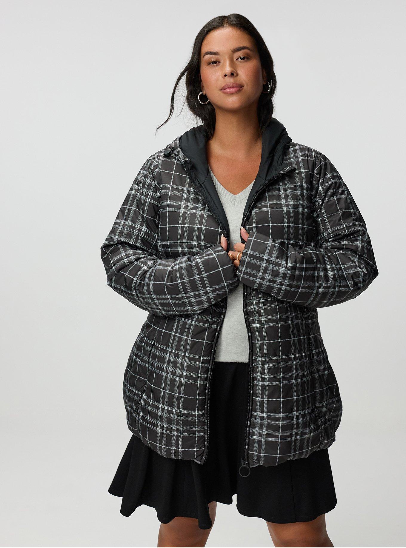 Plus Size Puffer Jacket, JESSE PLAID BLACK, alternate