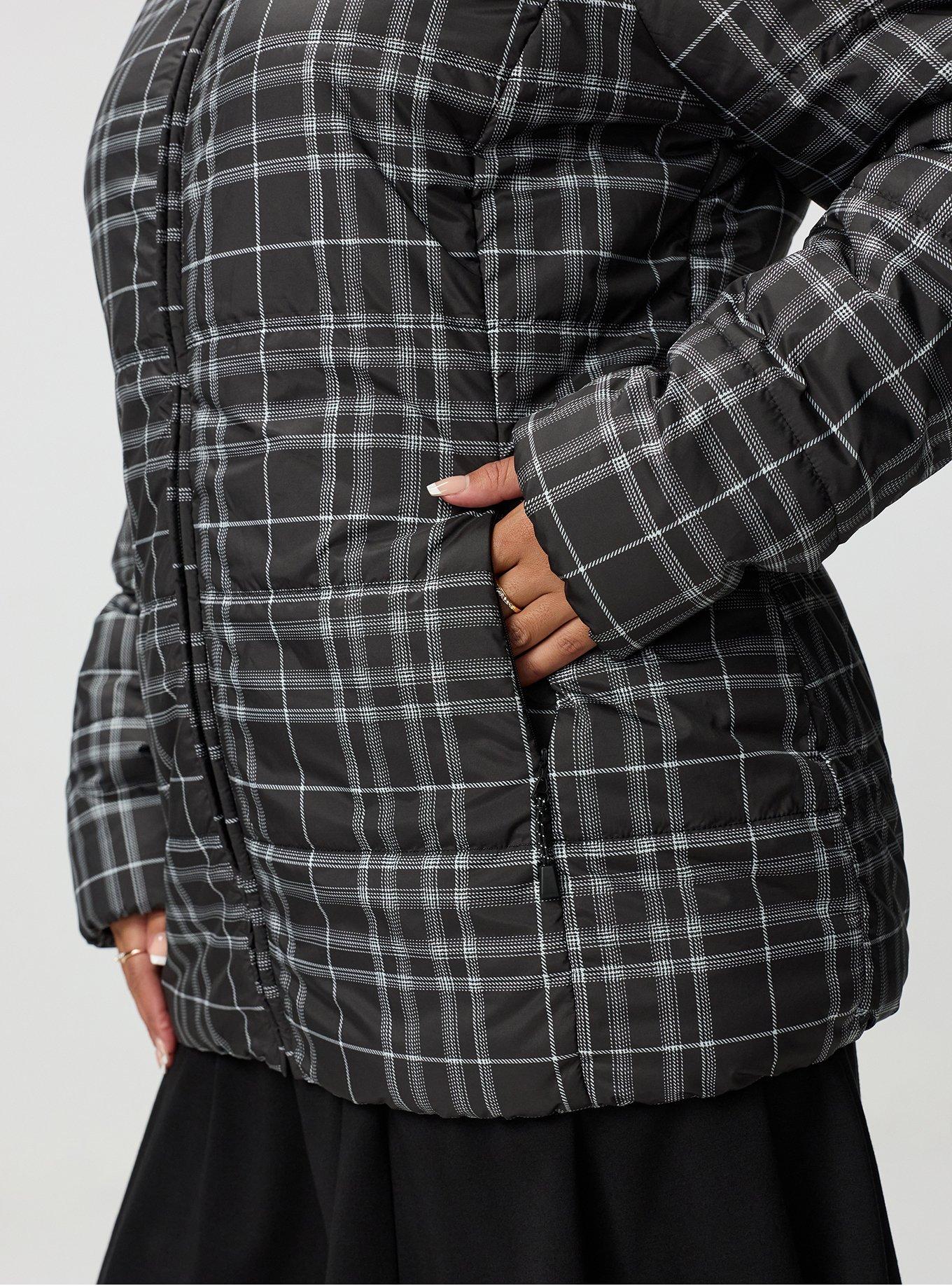 Plus Size Puffer Jacket, JESSE PLAID BLACK, alternate