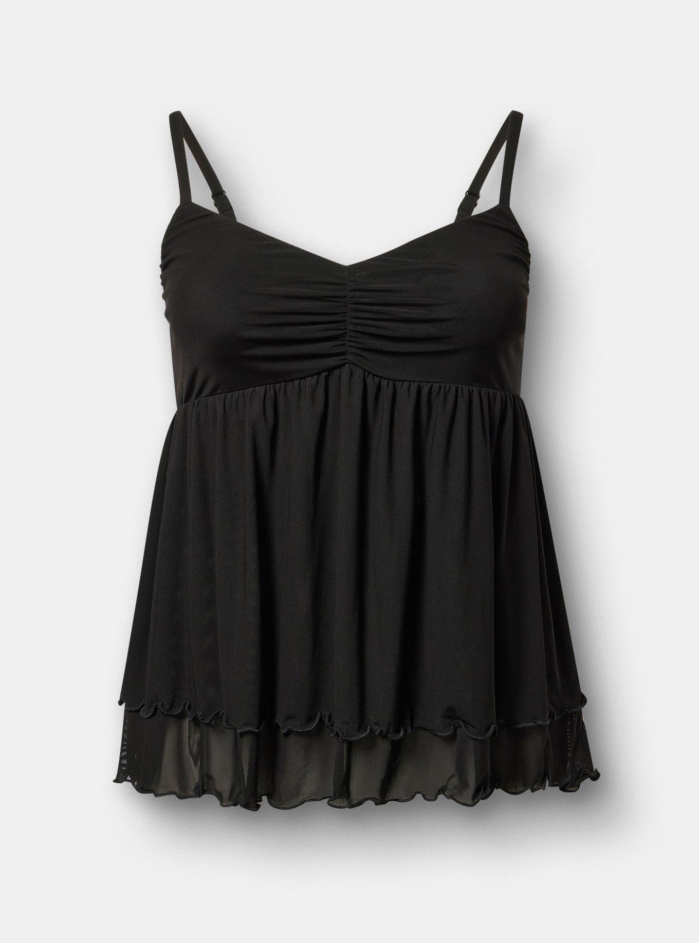 Plus Size Mesh V-Neck Babydoll Cami, DEEP BLACK, hi-res