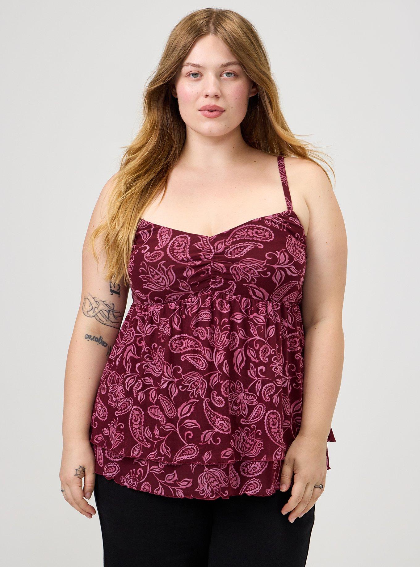 Plus Size Mesh V-Neck Babydoll Cami, YAYA PAISLEY BURGUNDY, alternate