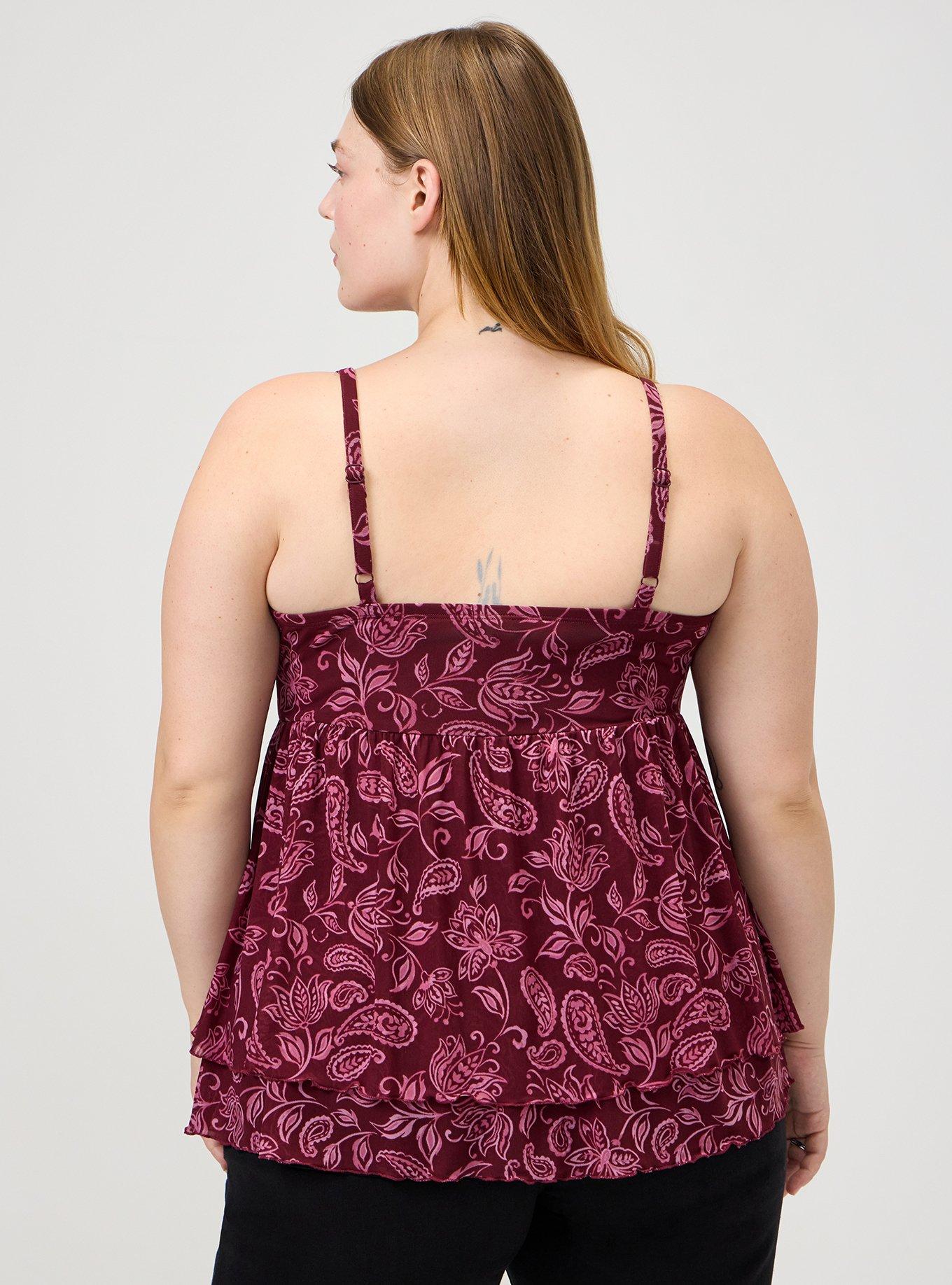 Plus Size Mesh V-Neck Babydoll Cami, YAYA PAISLEY BURGUNDY, alternate
