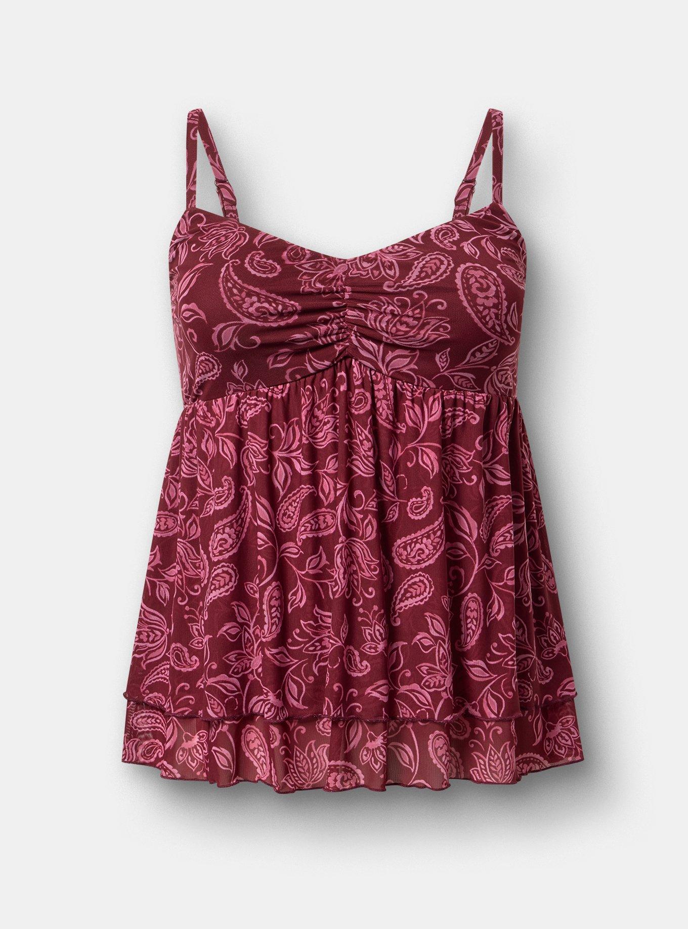 Plus Size Mesh V-Neck Babydoll Cami, YAYA PAISLEY BURGUNDY, flat