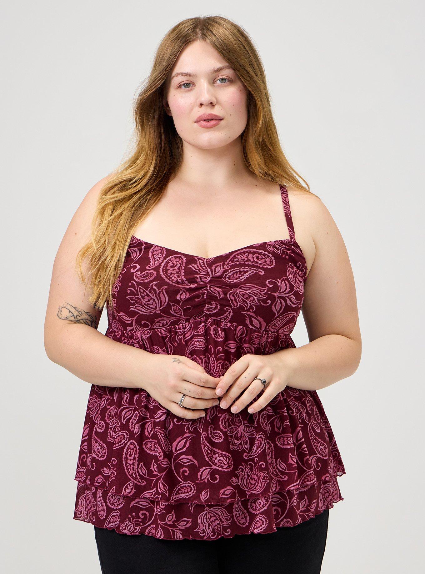 Plus Size Mesh V-Neck Babydoll Cami, YAYA PAISLEY BURGUNDY, hi-res