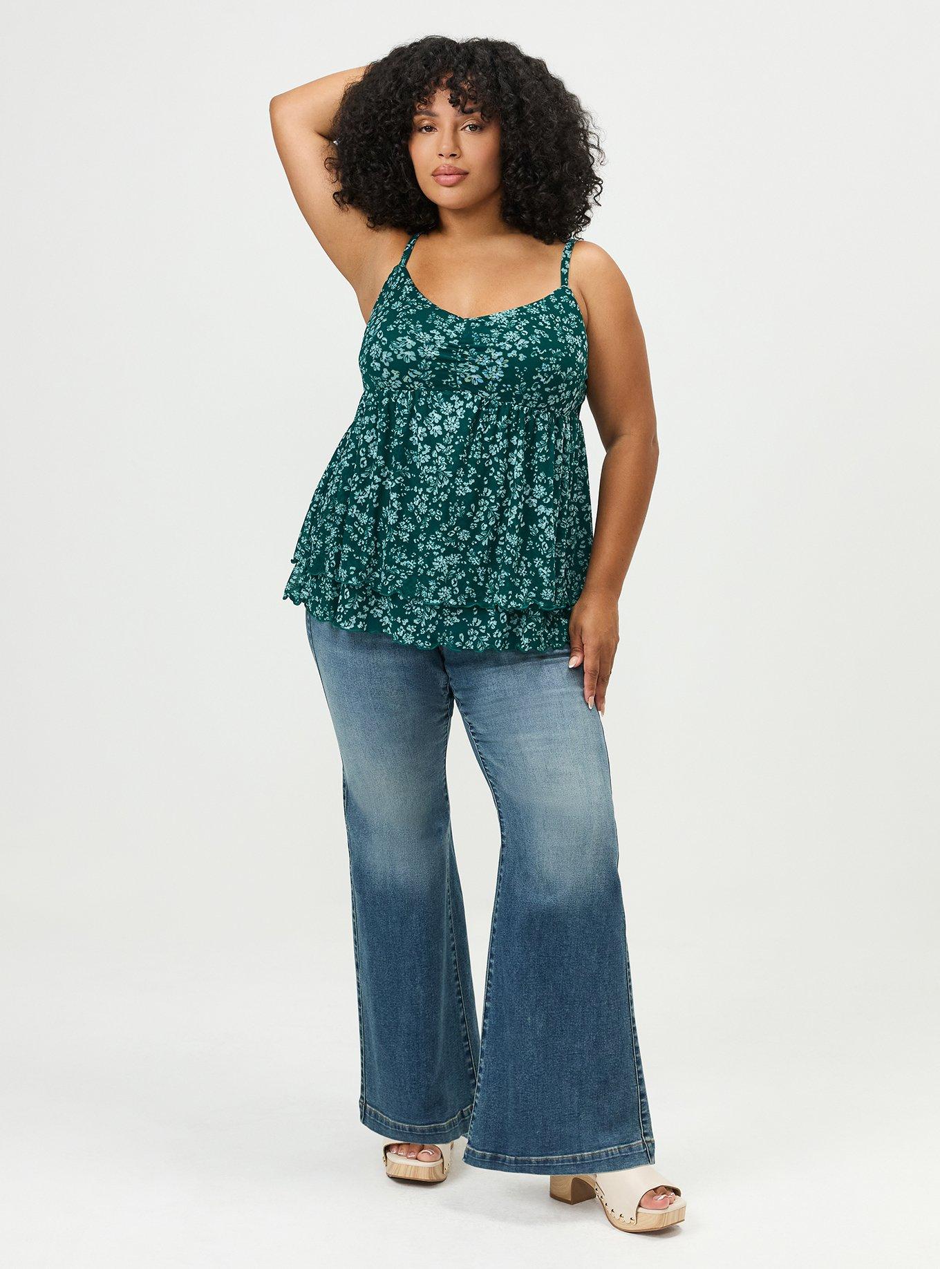 Plus Size Mesh V-Neck Babydoll Cami, POSIES FLORAL GREEN, alternate