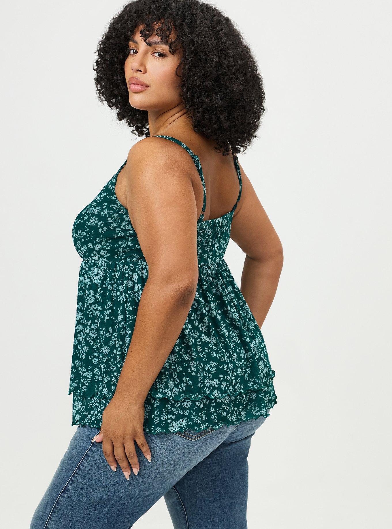 Plus Size Mesh V-Neck Babydoll Cami, POSIES FLORAL GREEN, alternate