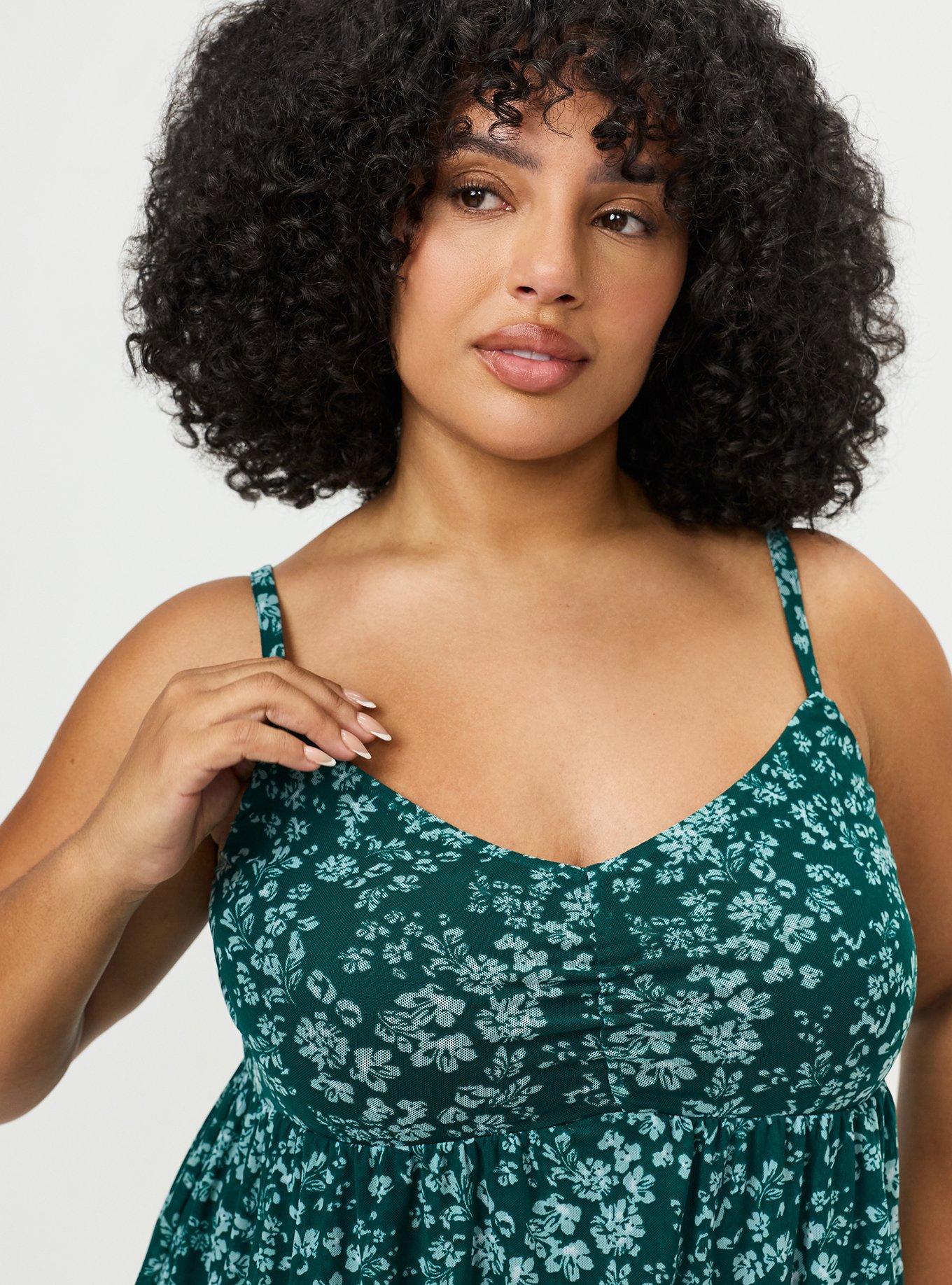 Plus Size Mesh V-Neck Babydoll Cami, POSIES FLORAL GREEN, alternate
