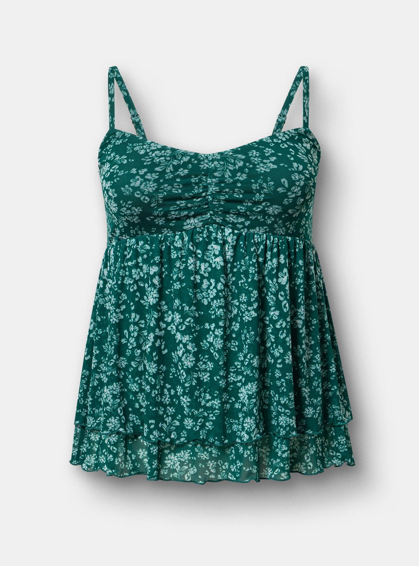 Plus Size Mesh V-Neck Babydoll Cami, POSIES FLORAL GREEN, hi-res