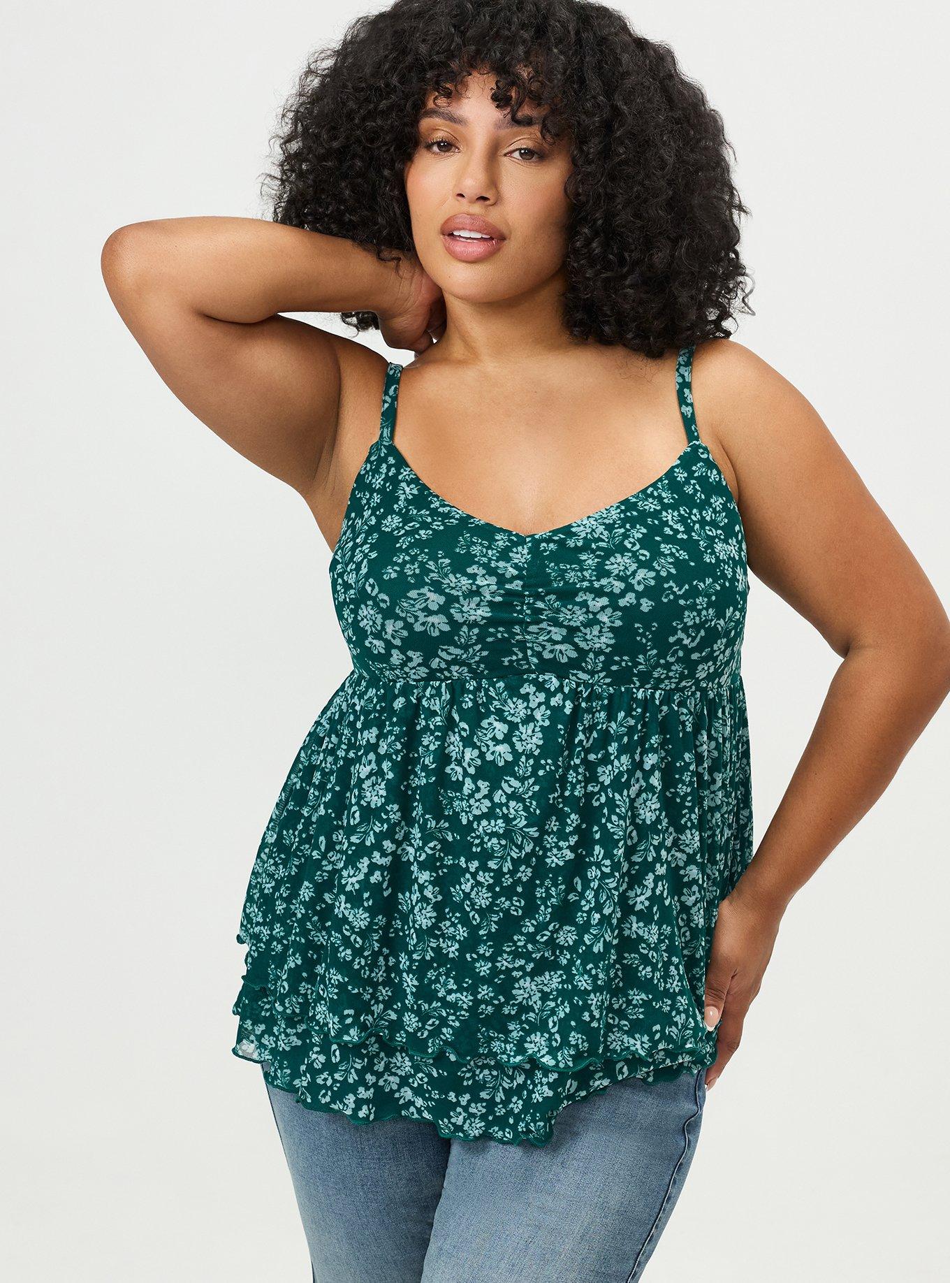 Plus Size Mesh V-Neck Babydoll Cami, POSIES FLORAL GREEN, hi-res