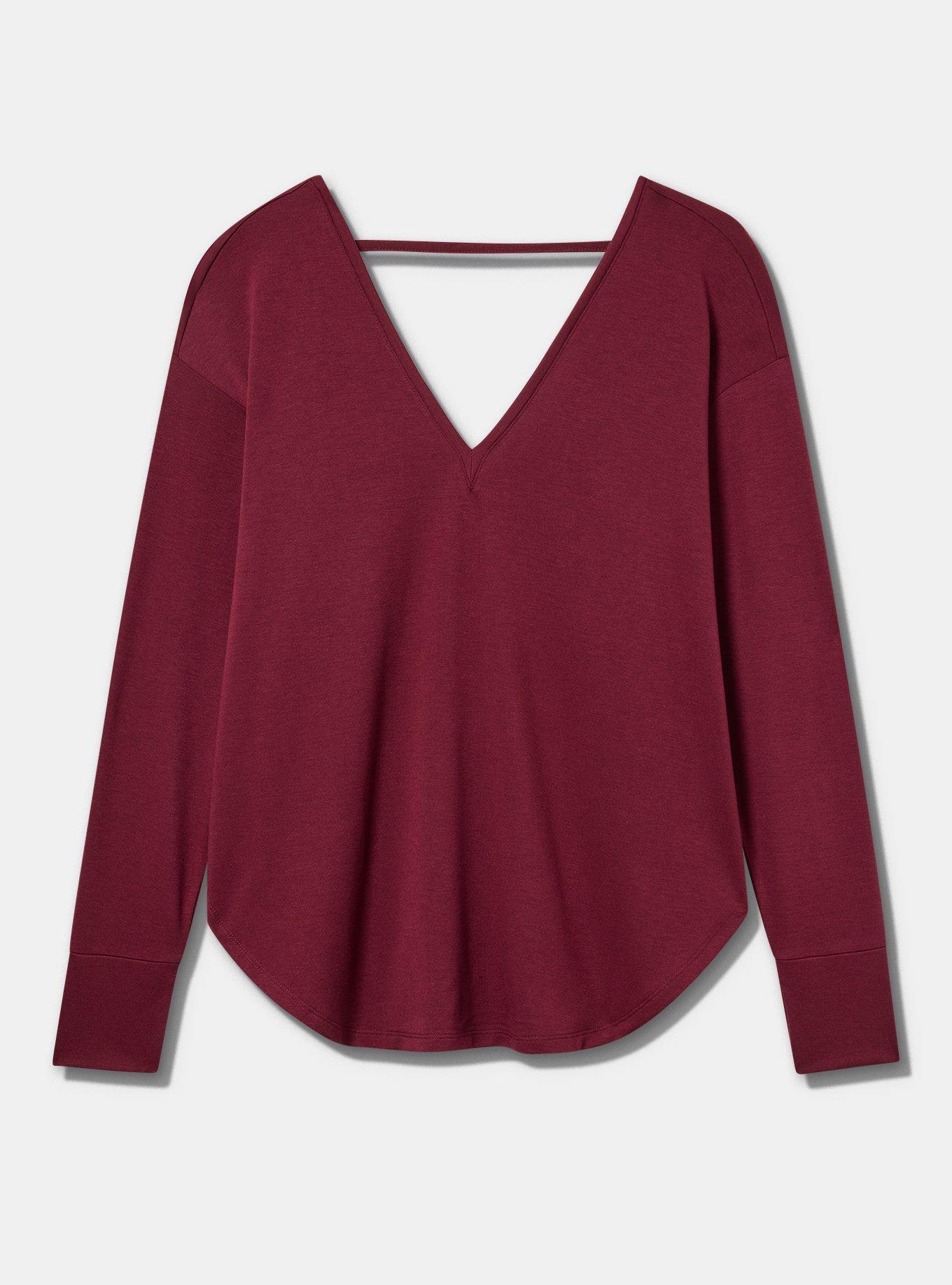 Plus Size TRU Lightweight French Terry Long Sleeve Active Top, MAROON BANNER, flat