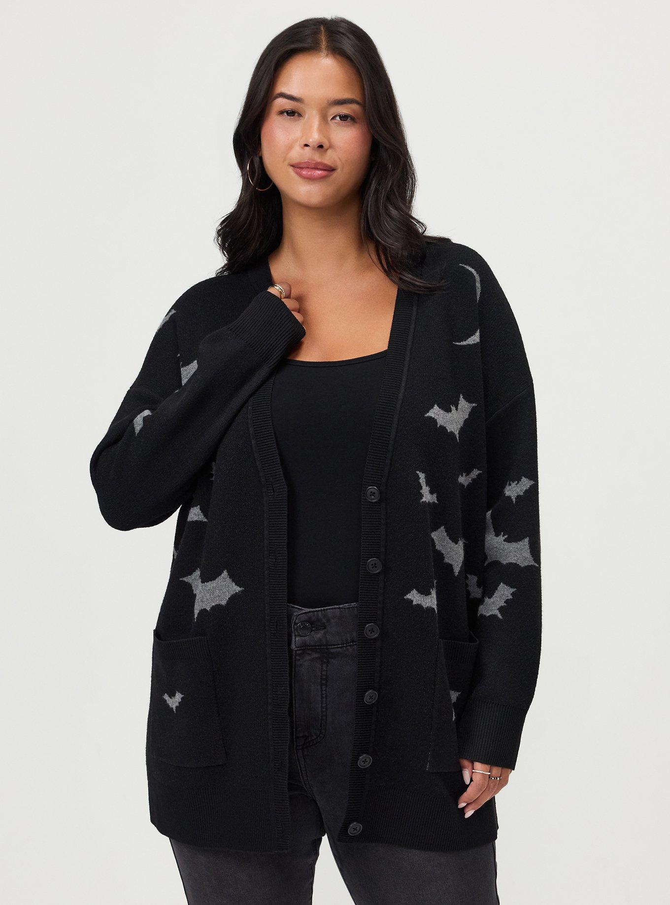 Plus Size Luxe Cozy Boyfriend Cardigan, MIDNIGHT BATS DEEP BLACK, alternate
