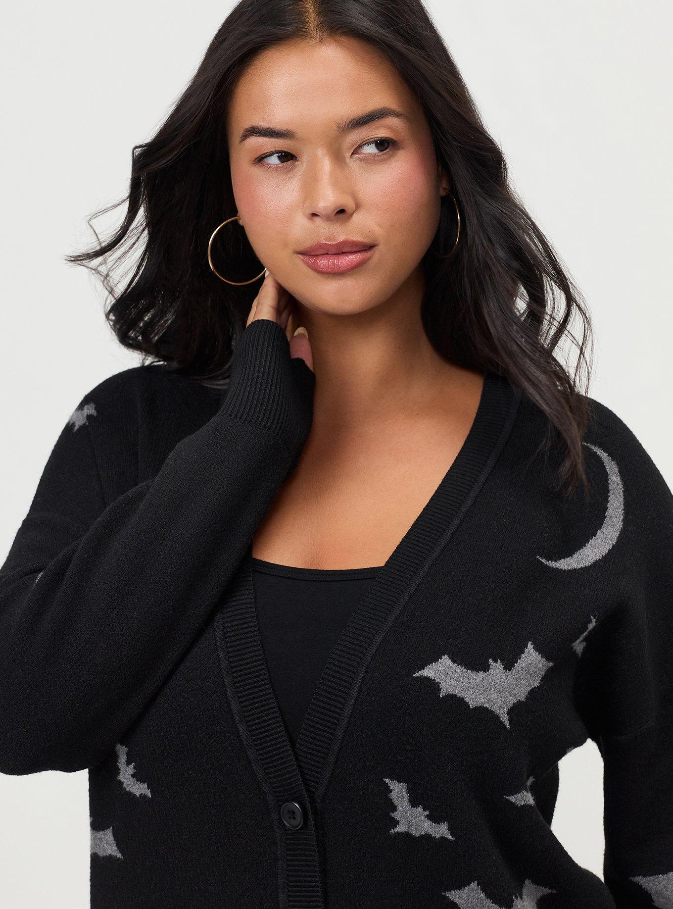 Plus Size Luxe Cozy Boyfriend Cardigan, MIDNIGHT BATS DEEP BLACK, alternate