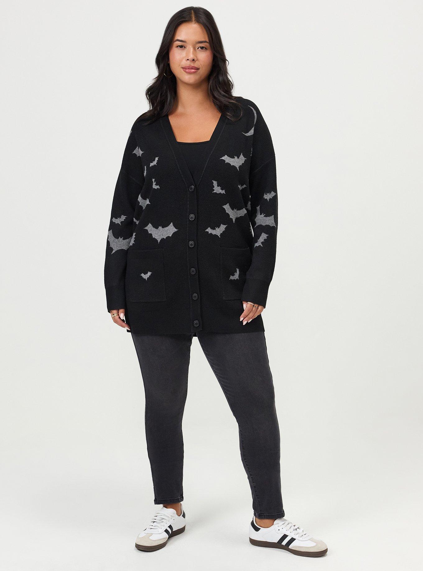 Plus Size Luxe Cozy Boyfriend Cardigan, MIDNIGHT BATS DEEP BLACK, alternate