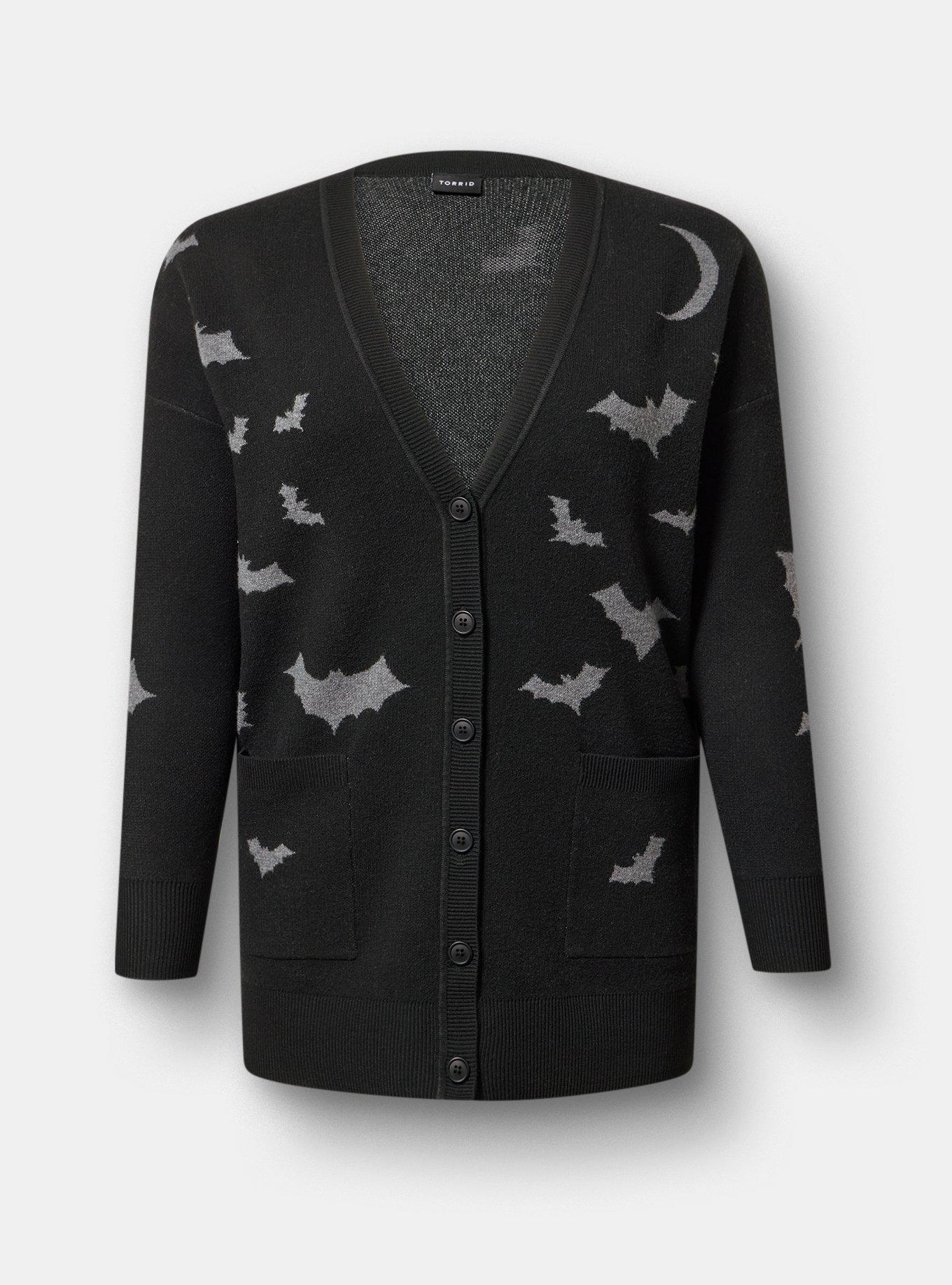 Plus Size Luxe Cozy Boyfriend Cardigan, MIDNIGHT BATS DEEP BLACK, hi-res