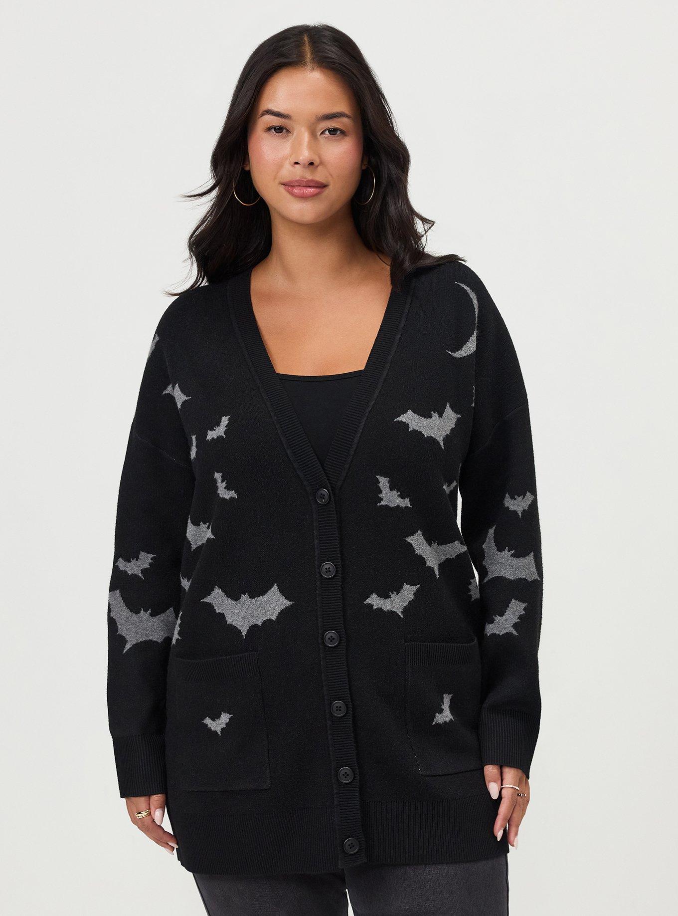 Plus Size Luxe Cozy Boyfriend Cardigan, MIDNIGHT BATS DEEP BLACK, hi-res