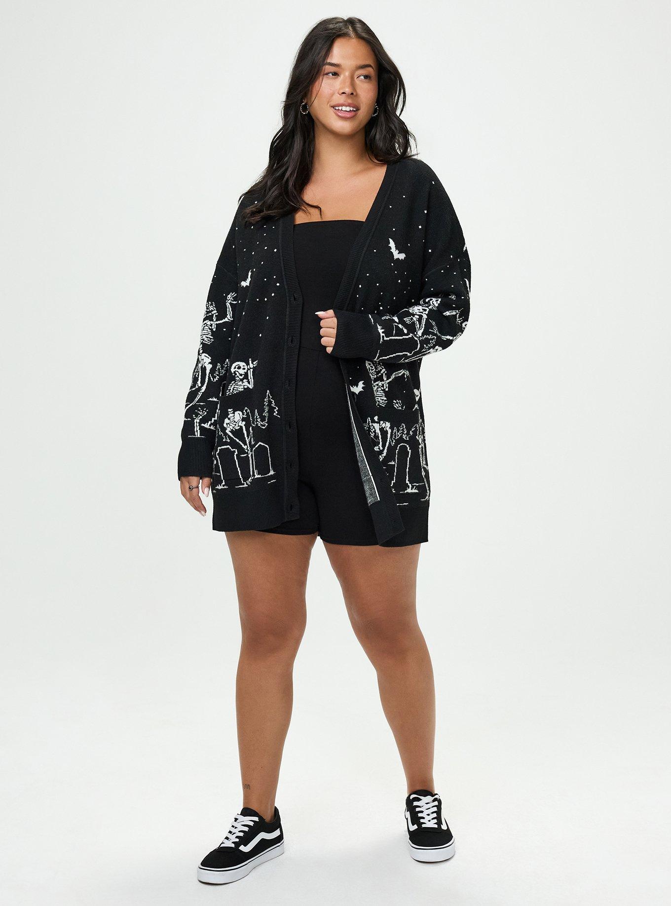 Plus Size Luxe Cozy Boyfriend Cardigan, DANCING SKELETONS DEEP BLACK, alternate