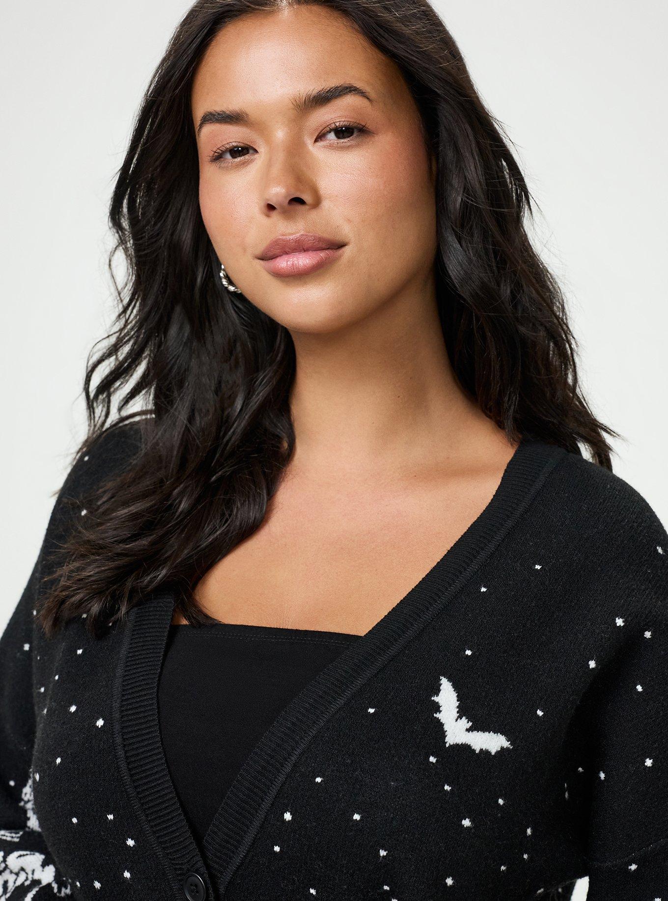 Plus Size Luxe Cozy Boyfriend Cardigan, DANCING SKELETONS DEEP BLACK, alternate