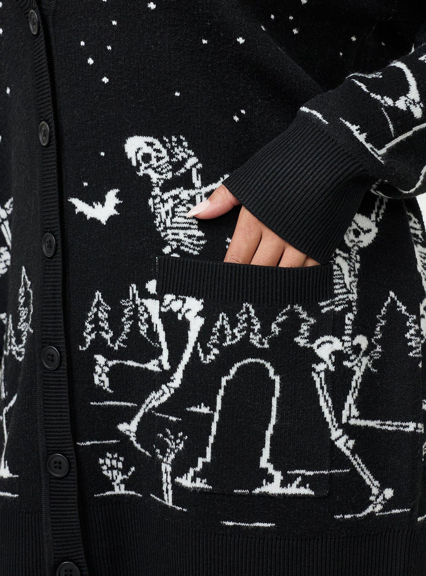 Plus Size Luxe Cozy Boyfriend Cardigan, DANCING SKELETONS DEEP BLACK, alternate