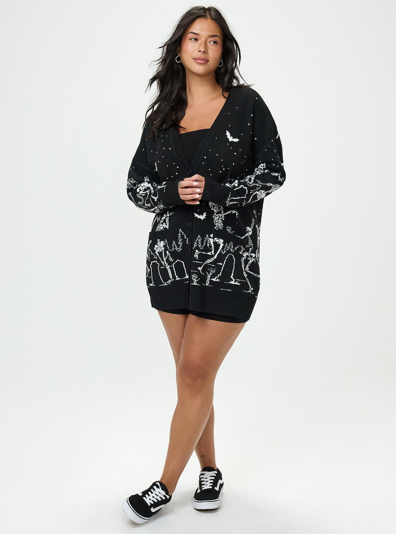 Plus Size Luxe Cozy Boyfriend Cardigan, DANCING SKELETONS DEEP BLACK, alternate