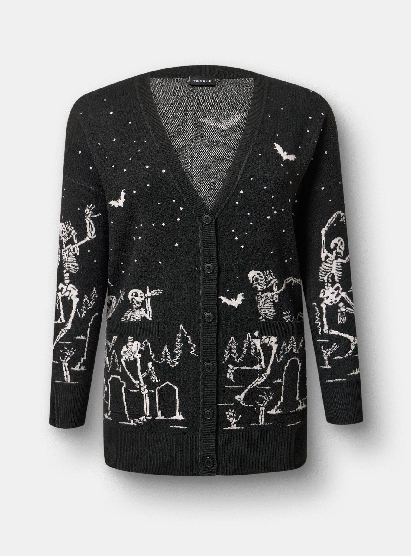 Plus Size Luxe Cozy Boyfriend Cardigan, DANCING SKELETONS DEEP BLACK, flat