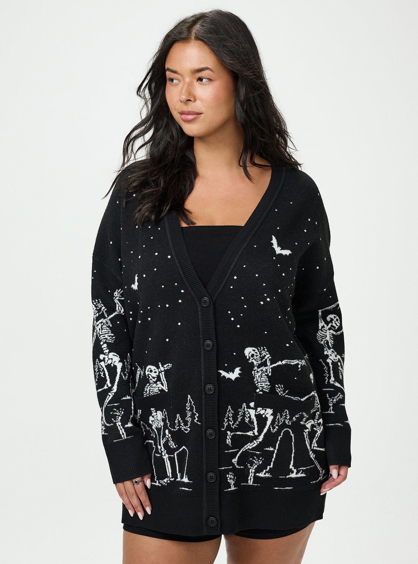 Plus Size Luxe Cozy Boyfriend Cardigan, DANCING SKELETONS DEEP BLACK, hi-res