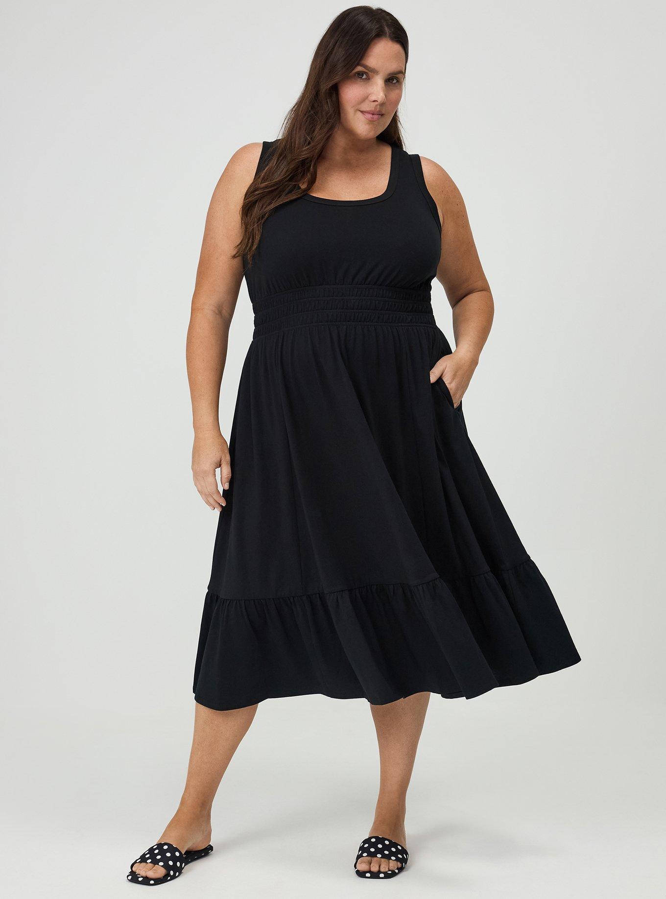 Shirred Waist Midi Dress, DEEP BLACK, hi-res
