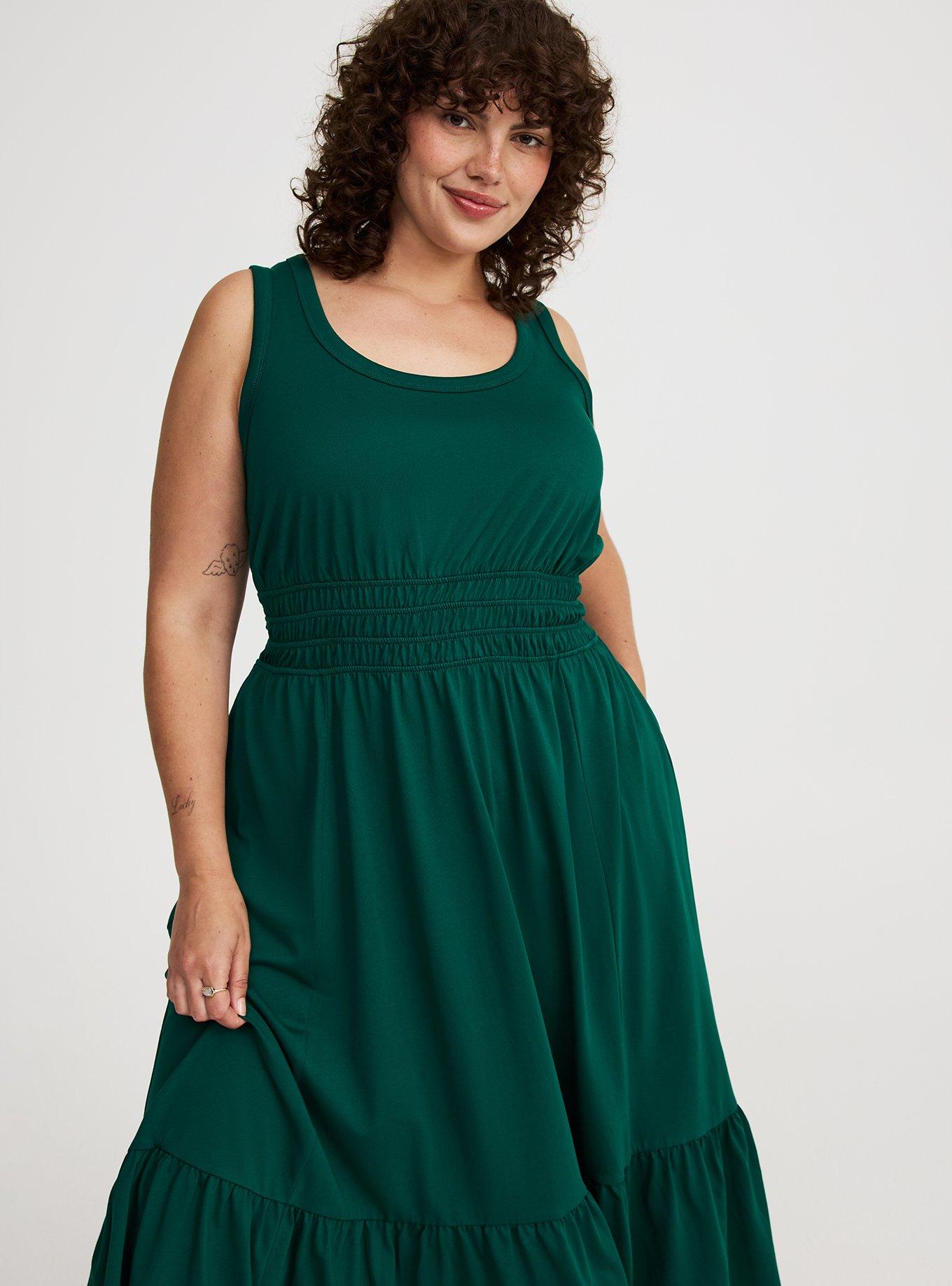 MIDI COTTON JERSEY SHIRRED WAIST SMOCKED DRESS