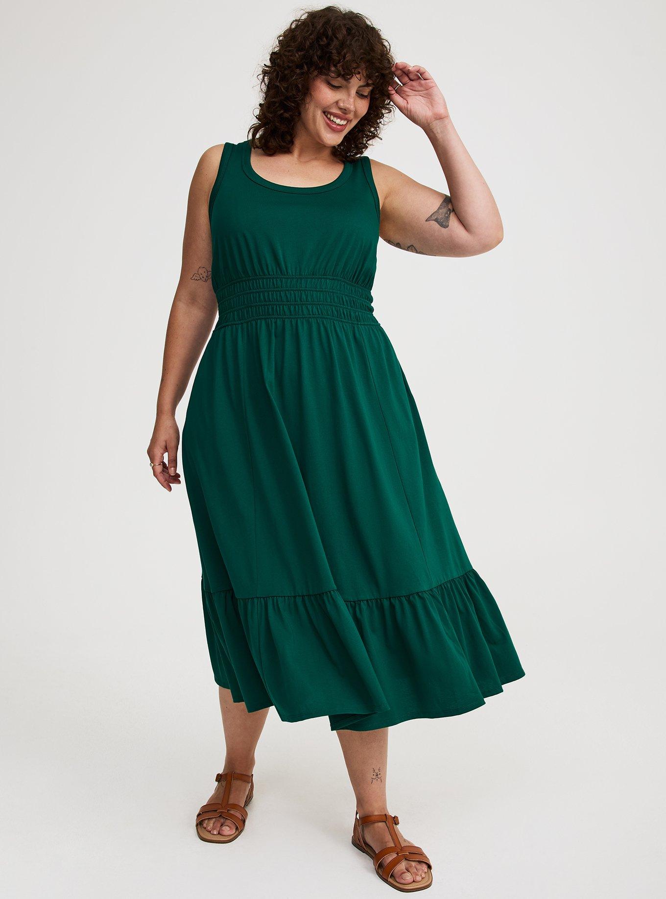 MIDI COTTON JERSEY SHIRRED WAIST SMOCKED DRESS