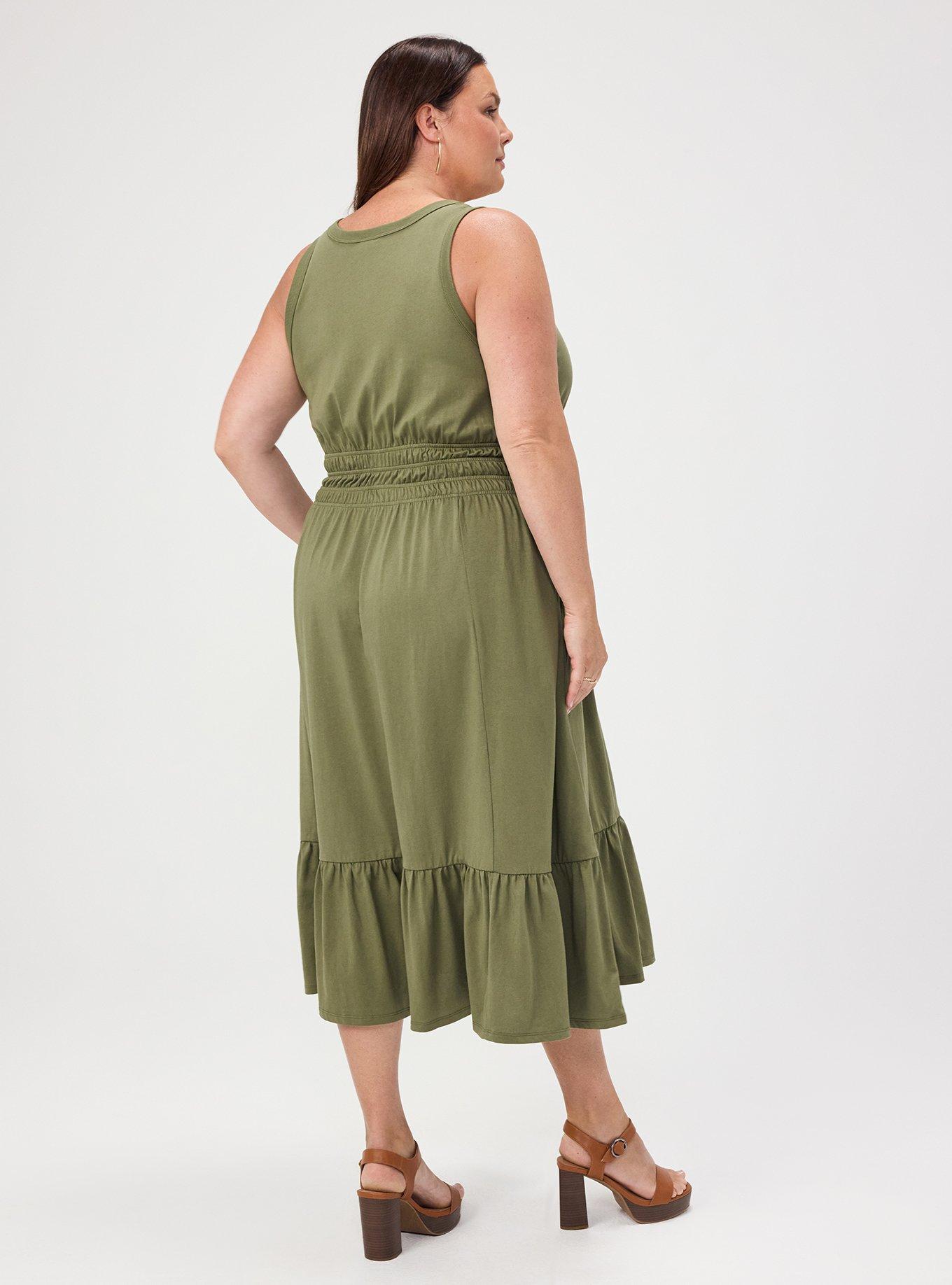 Plus Size Shirred Waist Midi Dress, OLIVINE, alternate