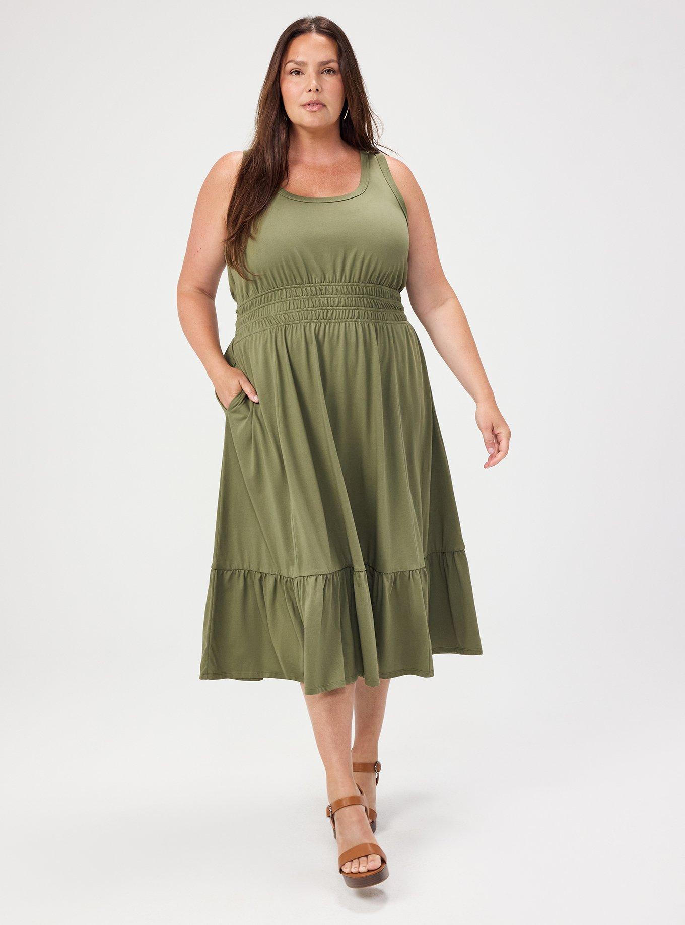 Plus Size Shirred Waist Midi Dress, OLIVINE, alternate