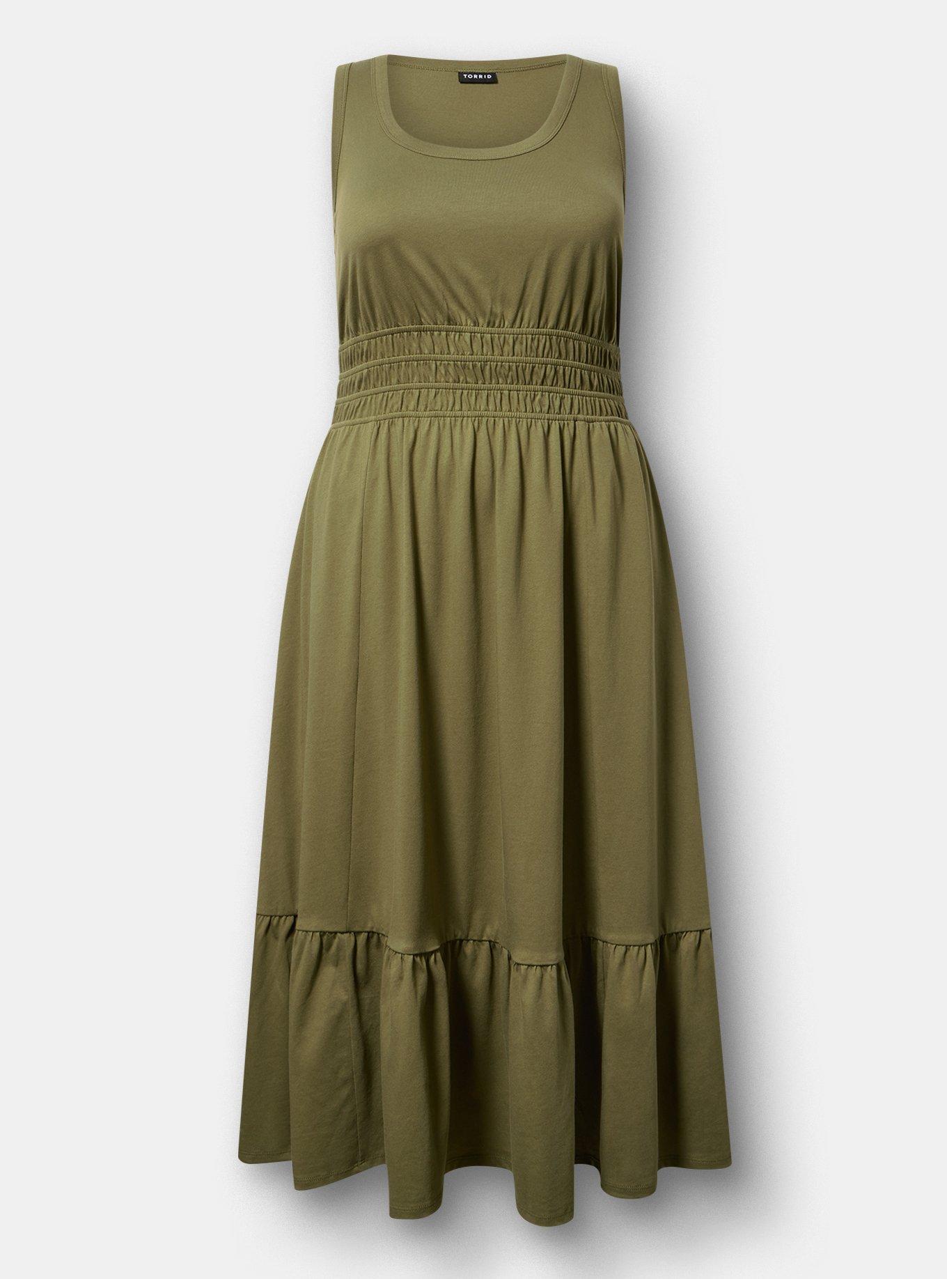 Plus Size Shirred Waist Midi Dress, OLIVINE, hi-res