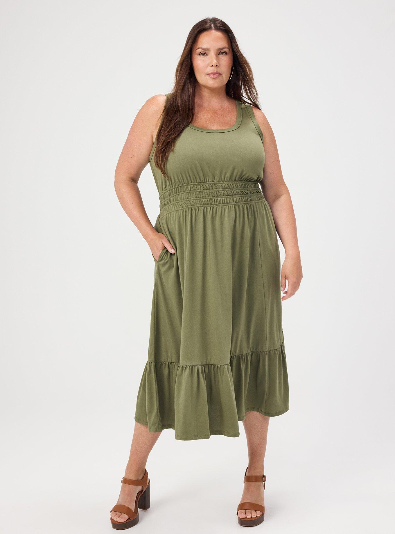 Plus Size Shirred Waist Midi Dress, OLIVINE, hi-res