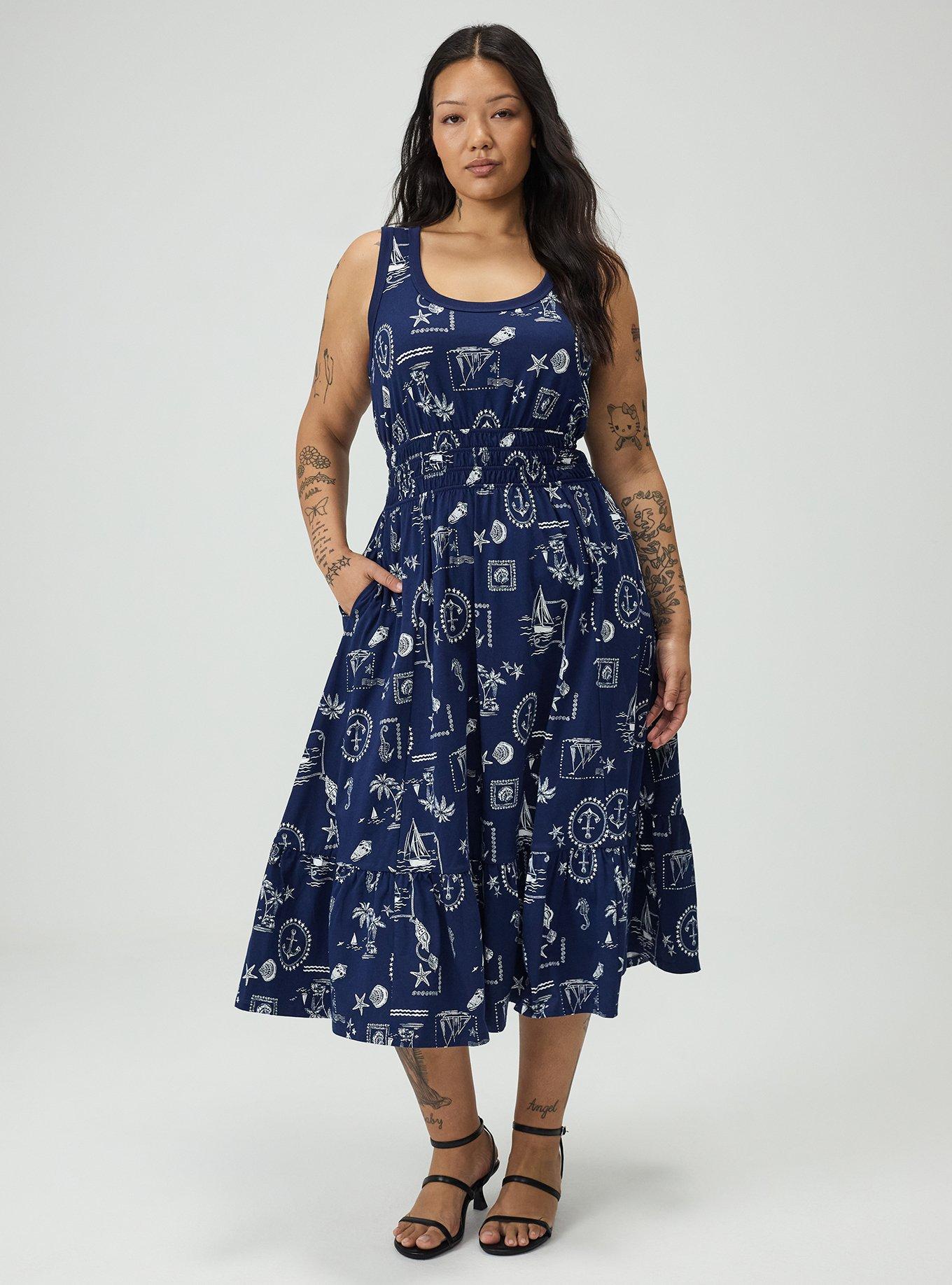 Shirred Waist Midi Dress, MARINE ROOM NAVY, hi-res