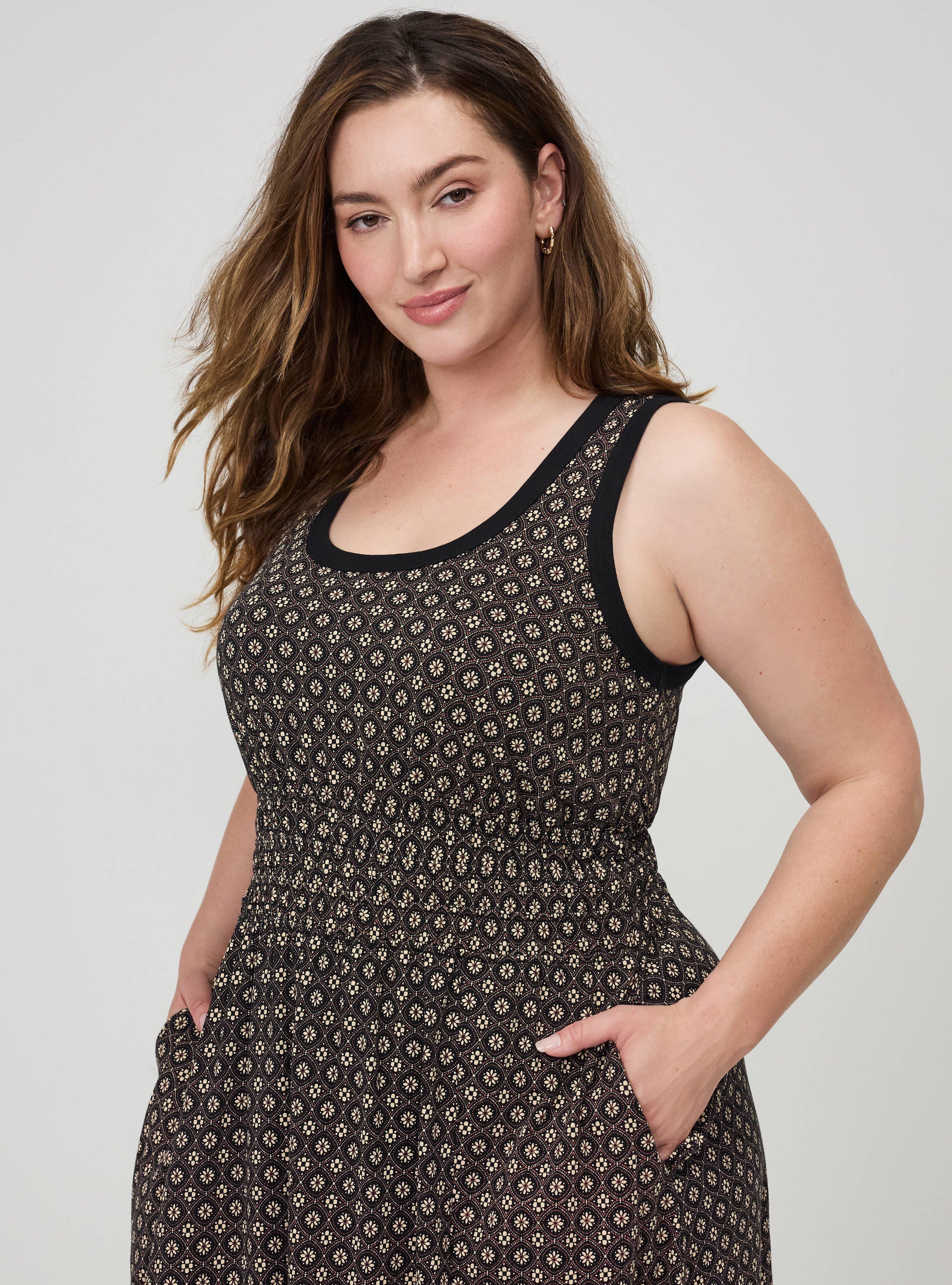 Plus Size Shirred Waist Midi Dress, DAISY MEDALLION BLACK, alternate