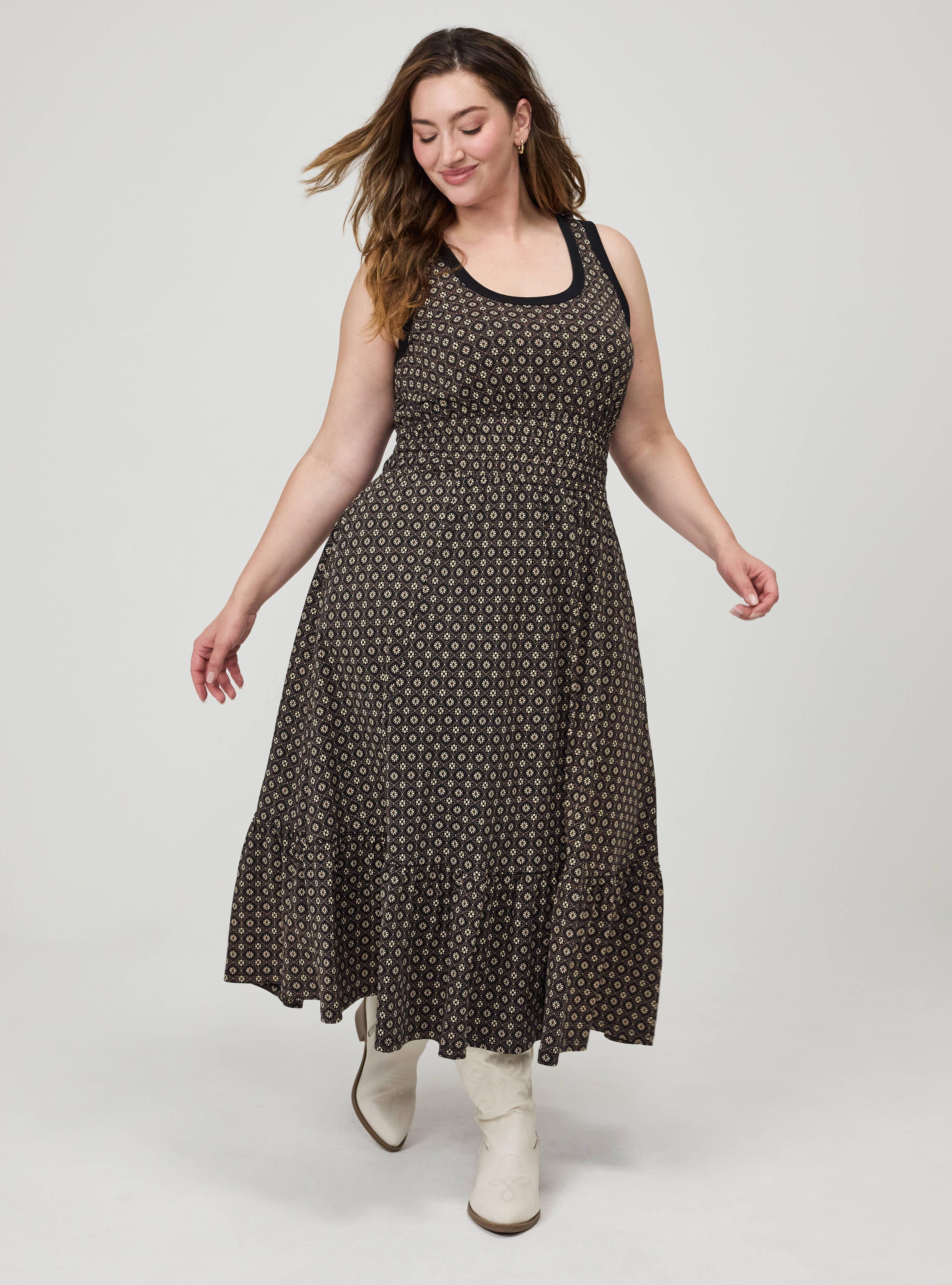 Plus Size Shirred Waist Midi Dress, DAISY MEDALLION BLACK, alternate