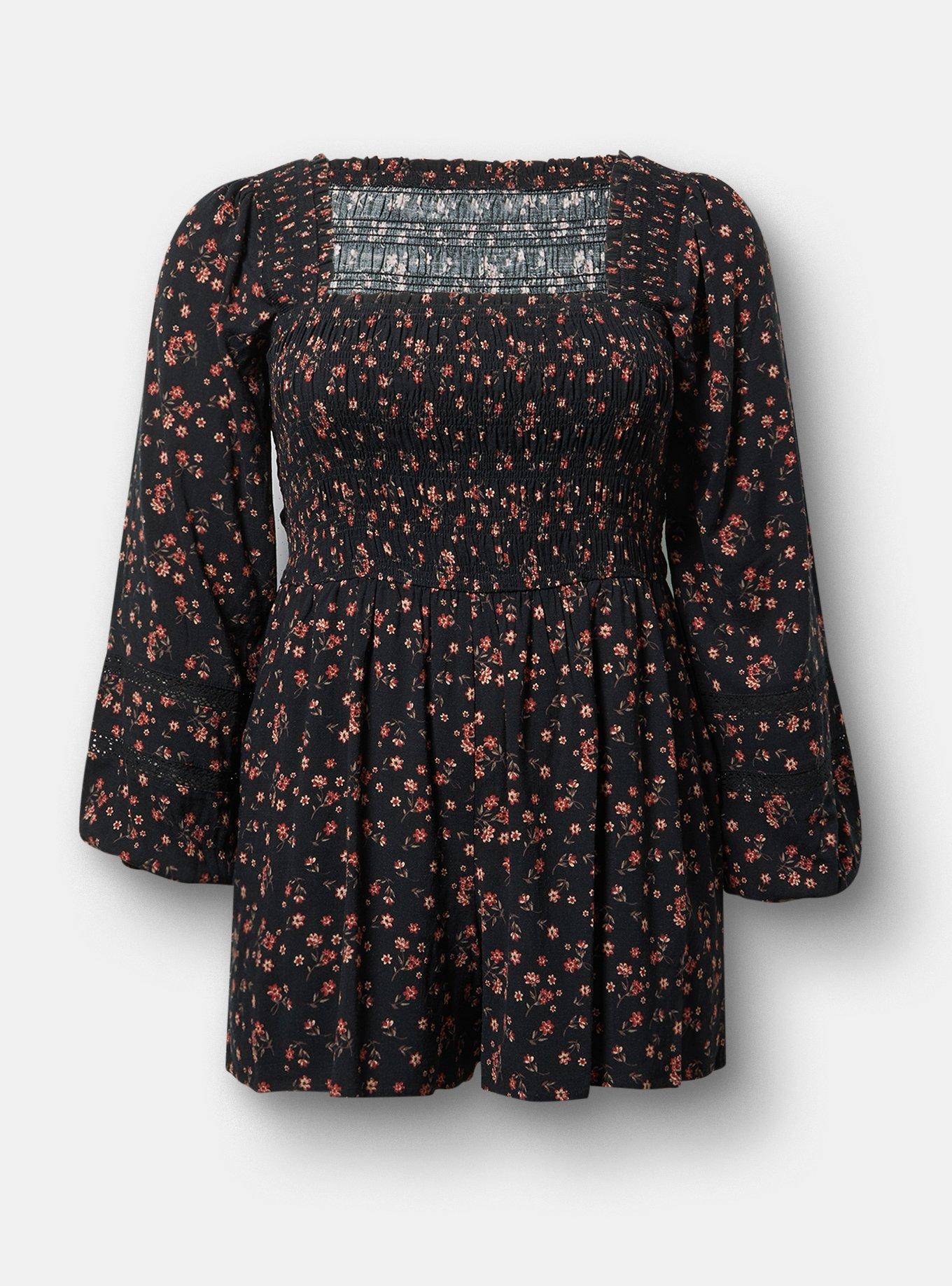 Long-Sleeve Smocked Romper, WISH FLORAL DEEP BLACK, hi-res