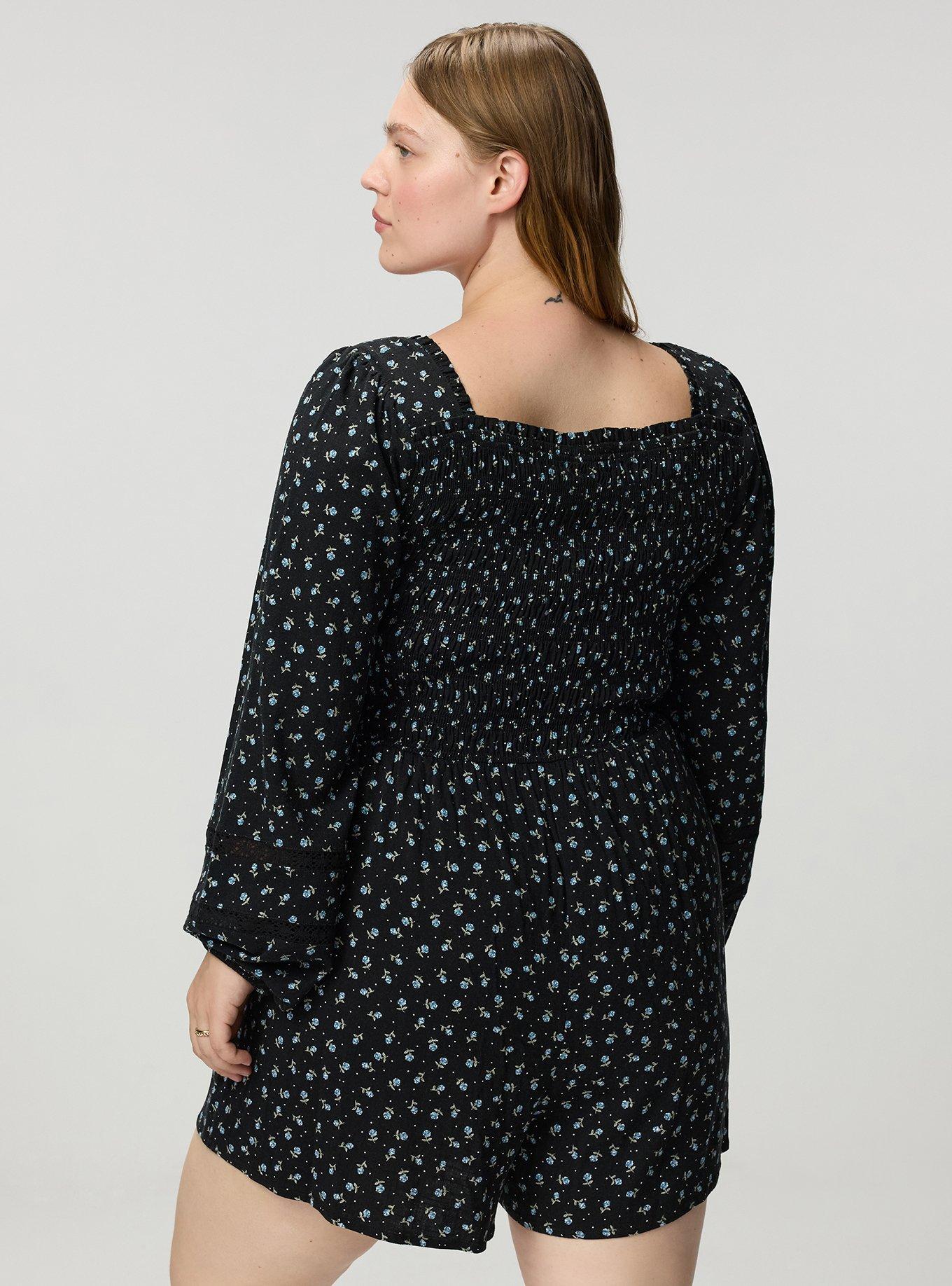 Long-Sleeve Smocked Romper, ROSE DITSY DOT FLORAL BLACK, alternate
