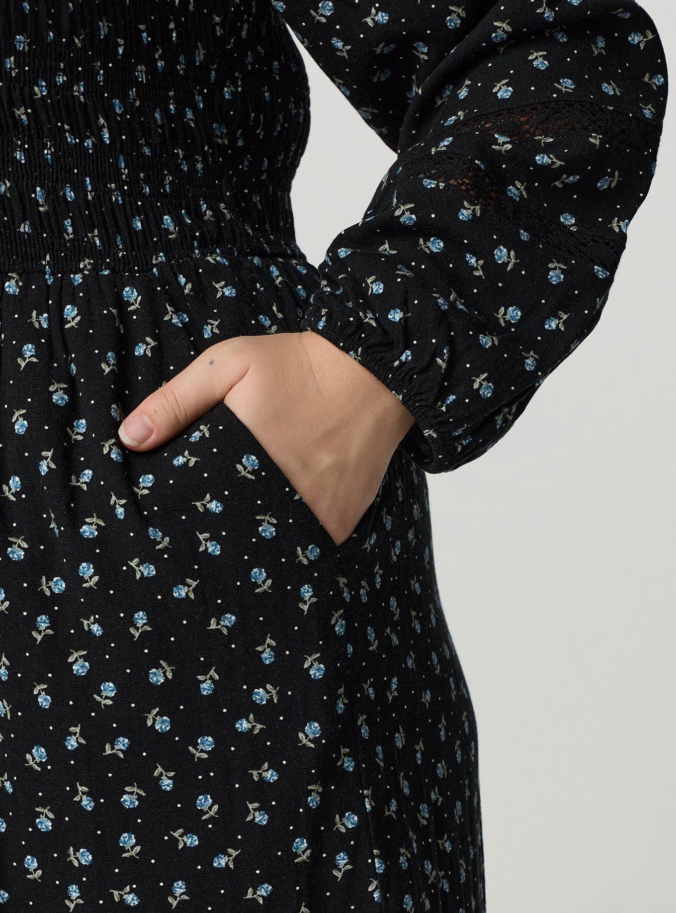 Long-Sleeve Smocked Romper, ROSE DITSY DOT FLORAL BLACK, alternate