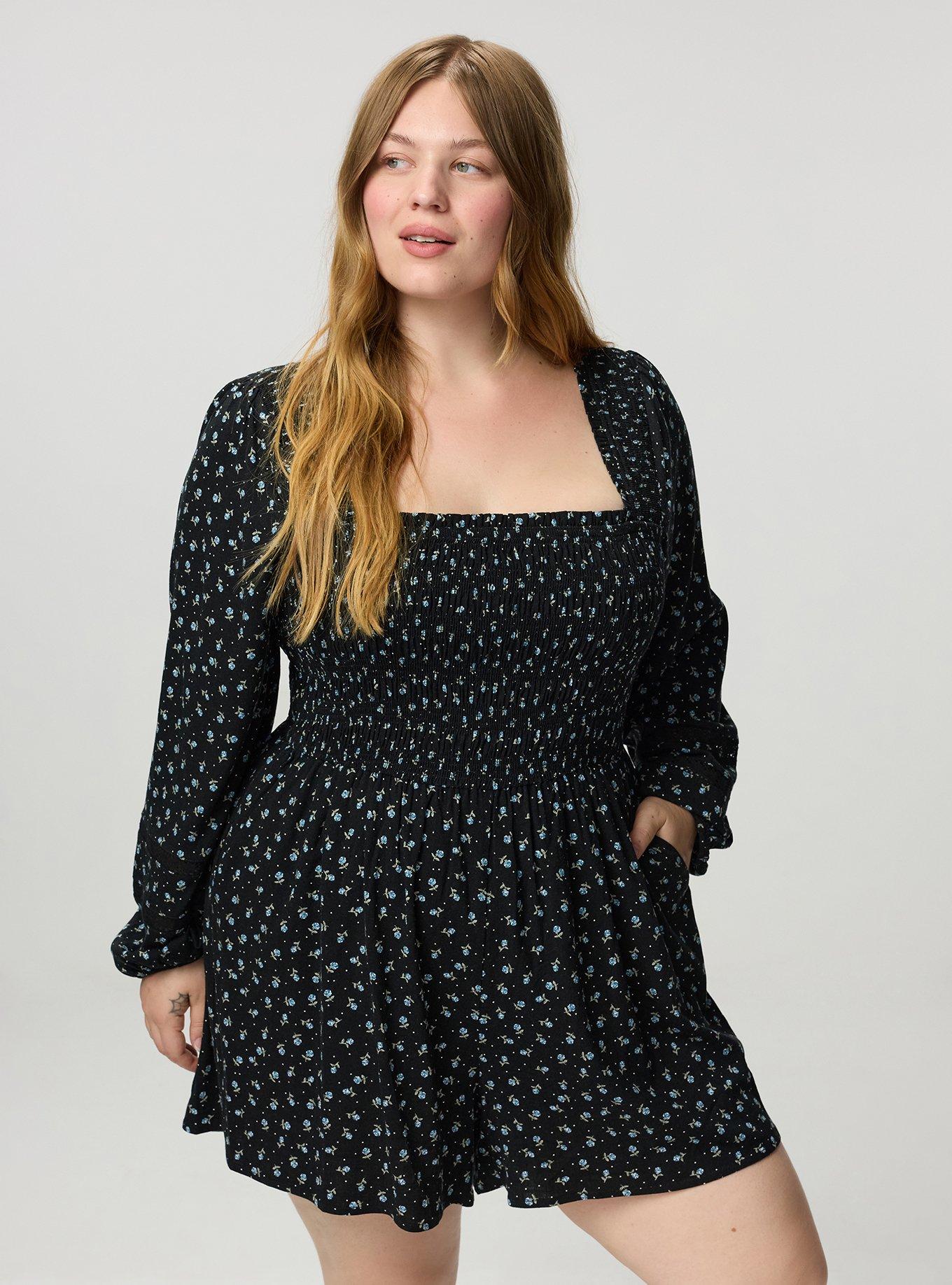 Long-Sleeve Smocked Romper, ROSE DITSY DOT FLORAL BLACK, hi-res