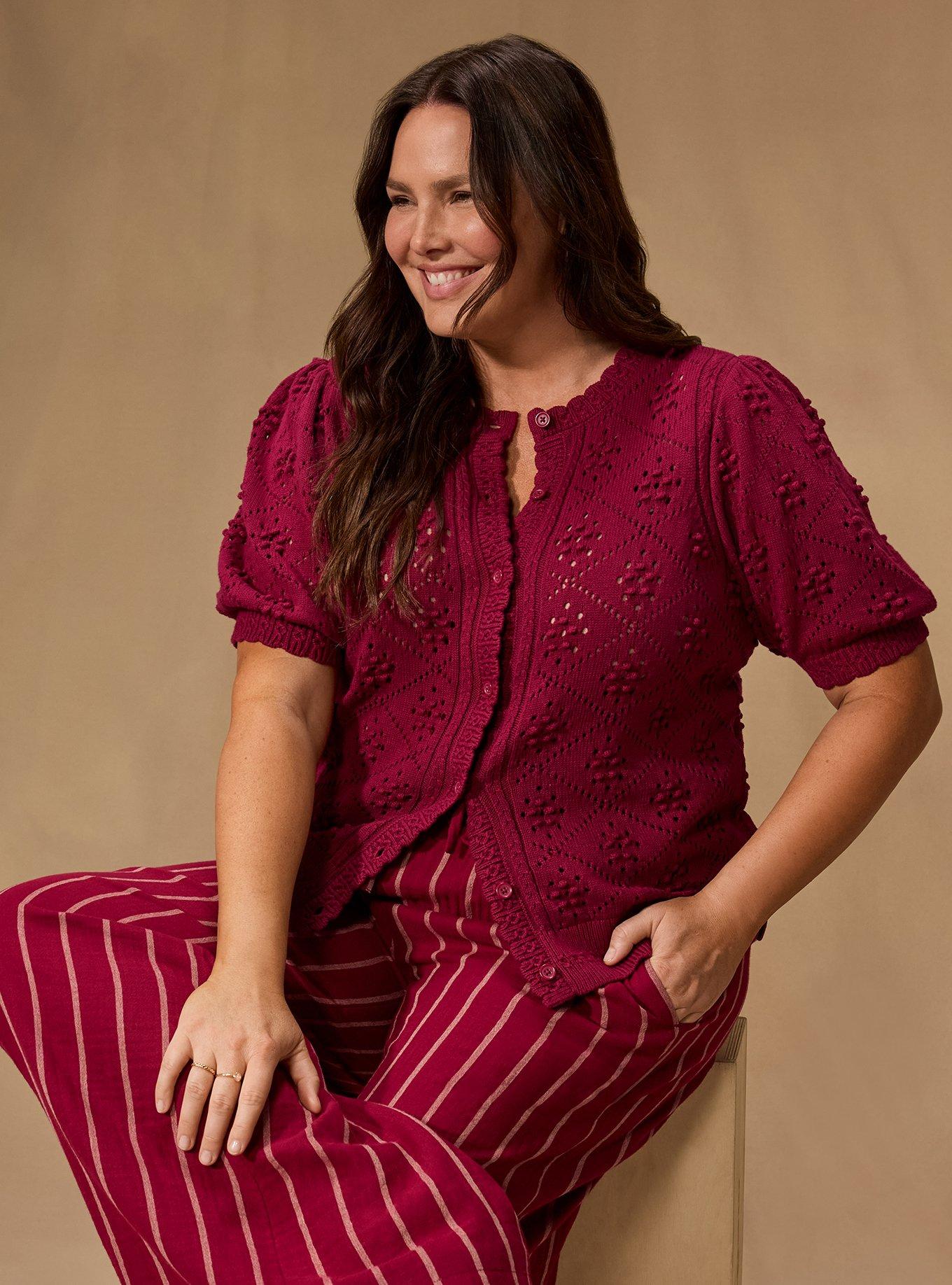 Belle Isle Scallop Edge Cardigan, BEET RED, hi-res