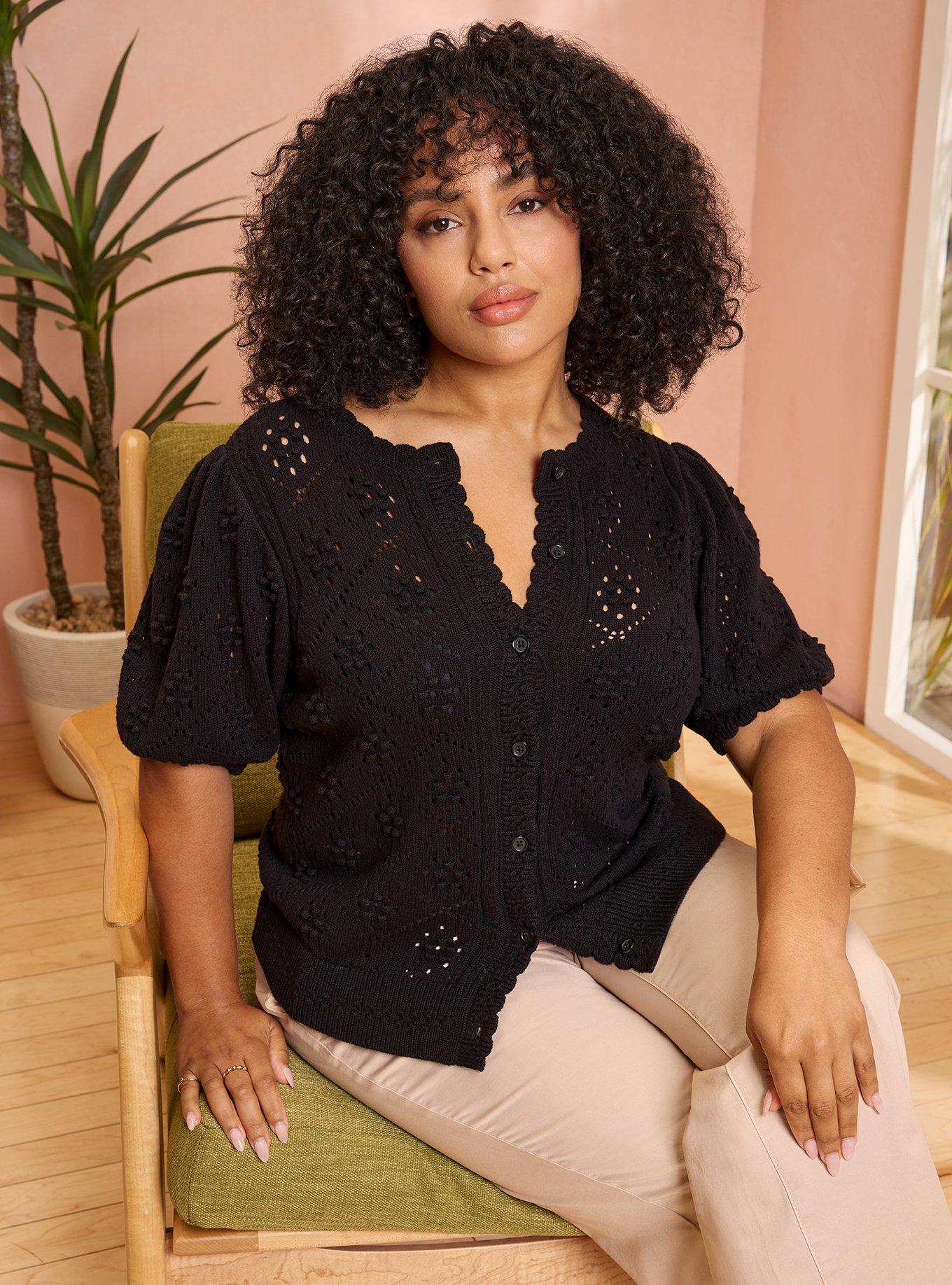 Belle Isle Scallop Edge Cardigan, DEEP BLACK, hi-res