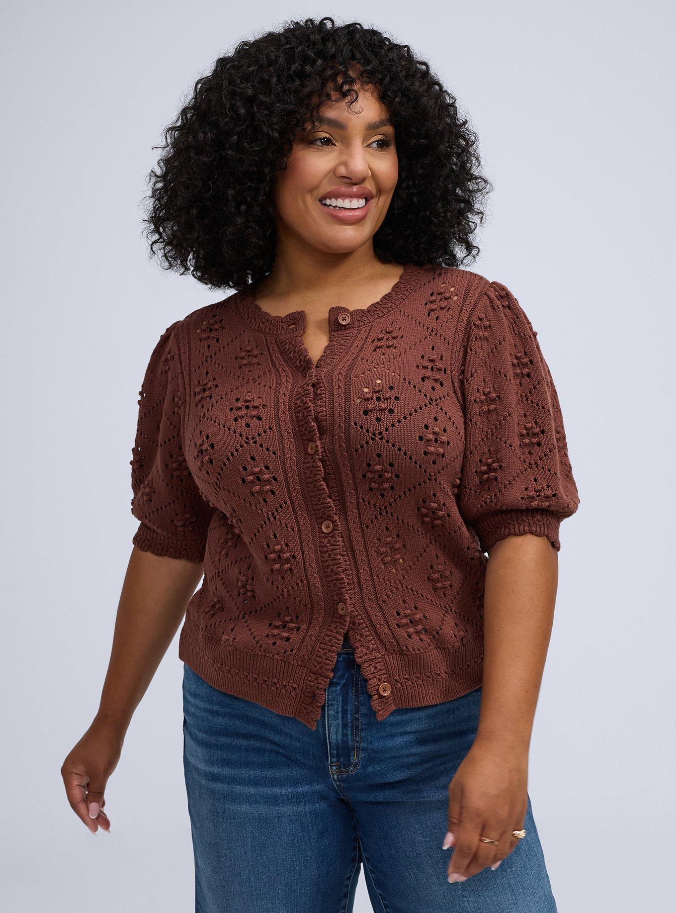 Belle Isle Scallop Edge Cardigan, ROOT BEER, hi-res
