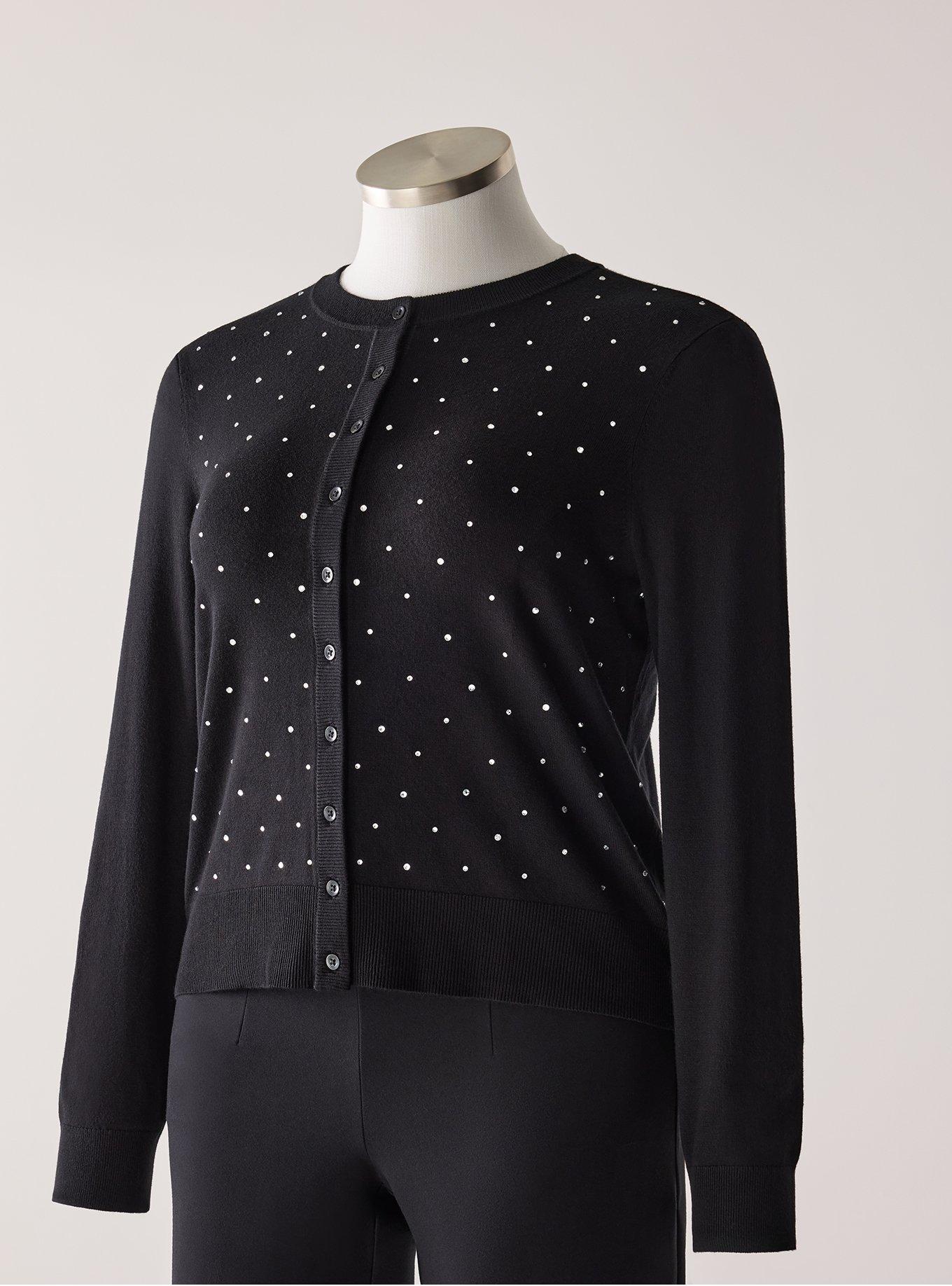 Retro Chic Embroidered Cardigan, DEEP BLACK, flat