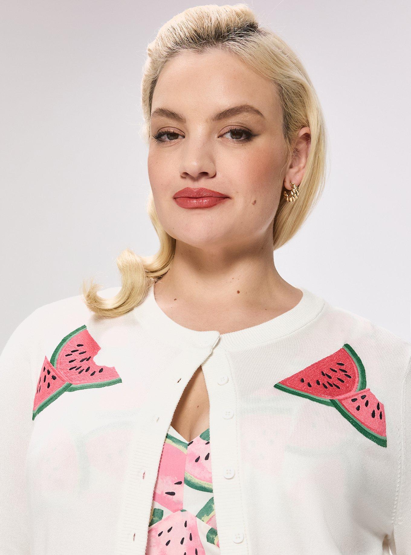 Retro Chic Embroidered Cardigan, WATERMELONS BLANC DE BLANC, alternate