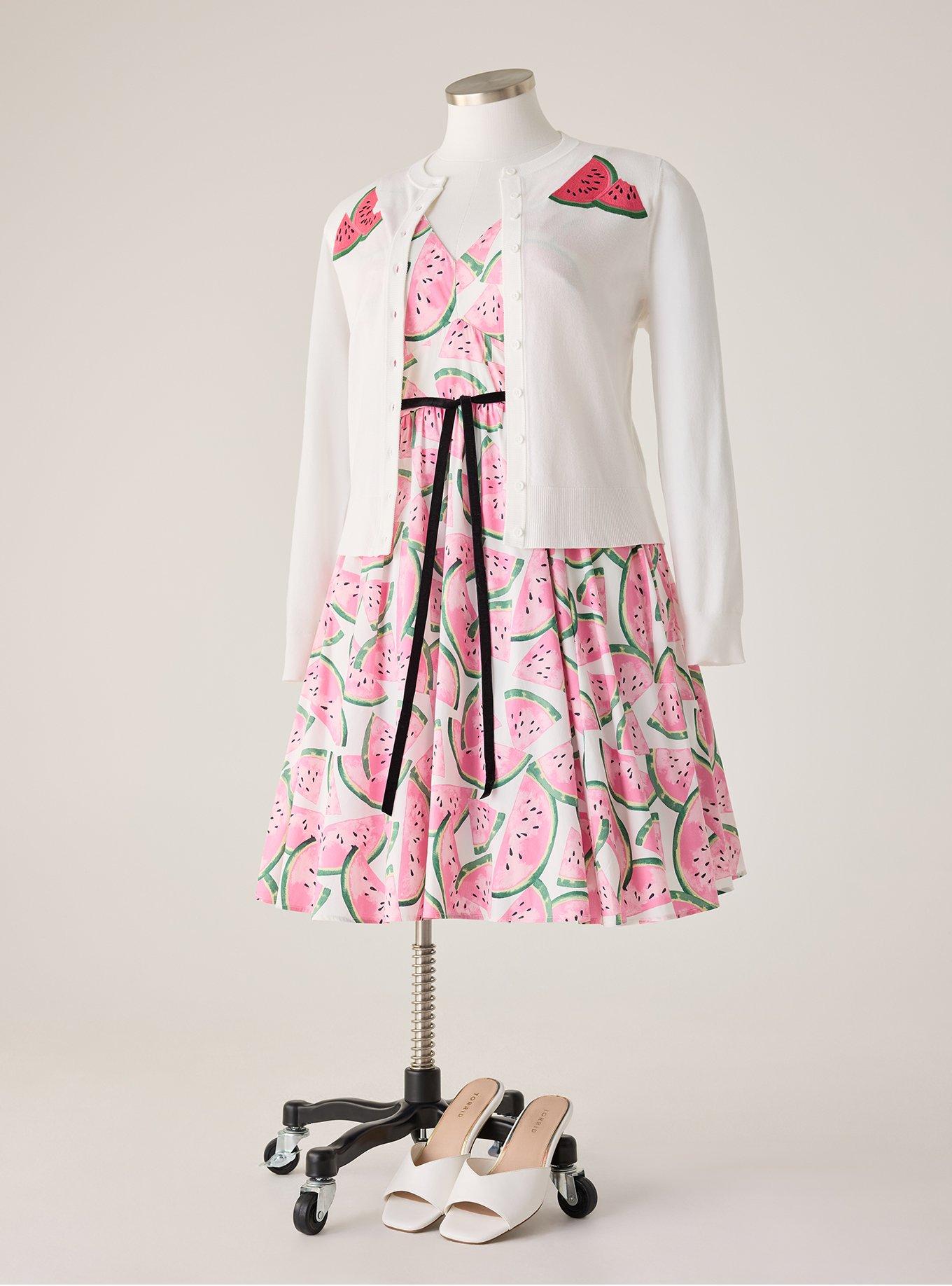 Retro Chic Embroidered Cardigan, WATERMELONS BLANC DE BLANC, flat