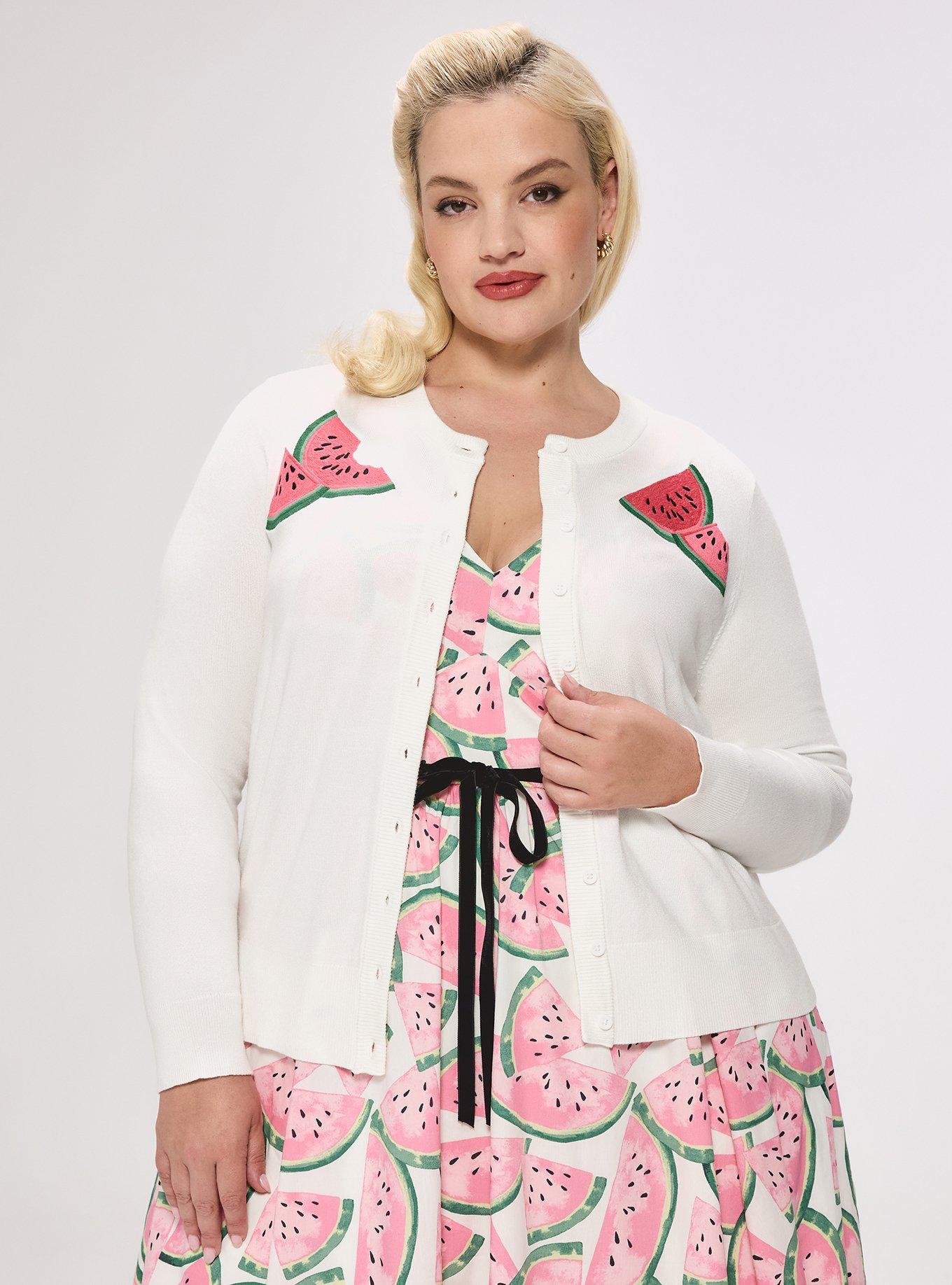 Retro Chic Embroidered Cardigan, WATERMELONS BLANC DE BLANC, hi-res